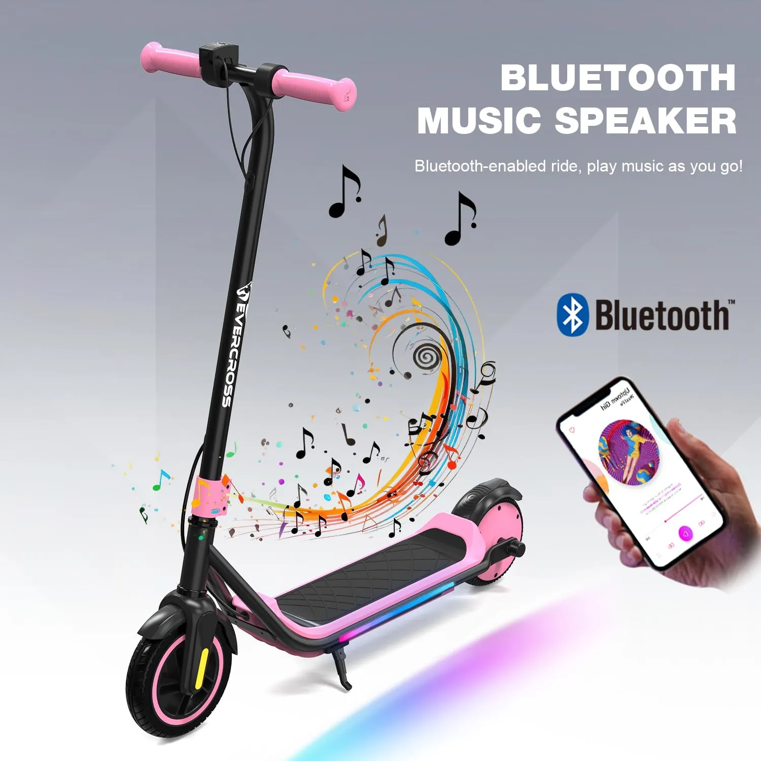 EVERCROSS Monopattino Elettrico per Bambini, LED & Bluetooth, Autonomia 20km, Rosa Scuro - immagine 3