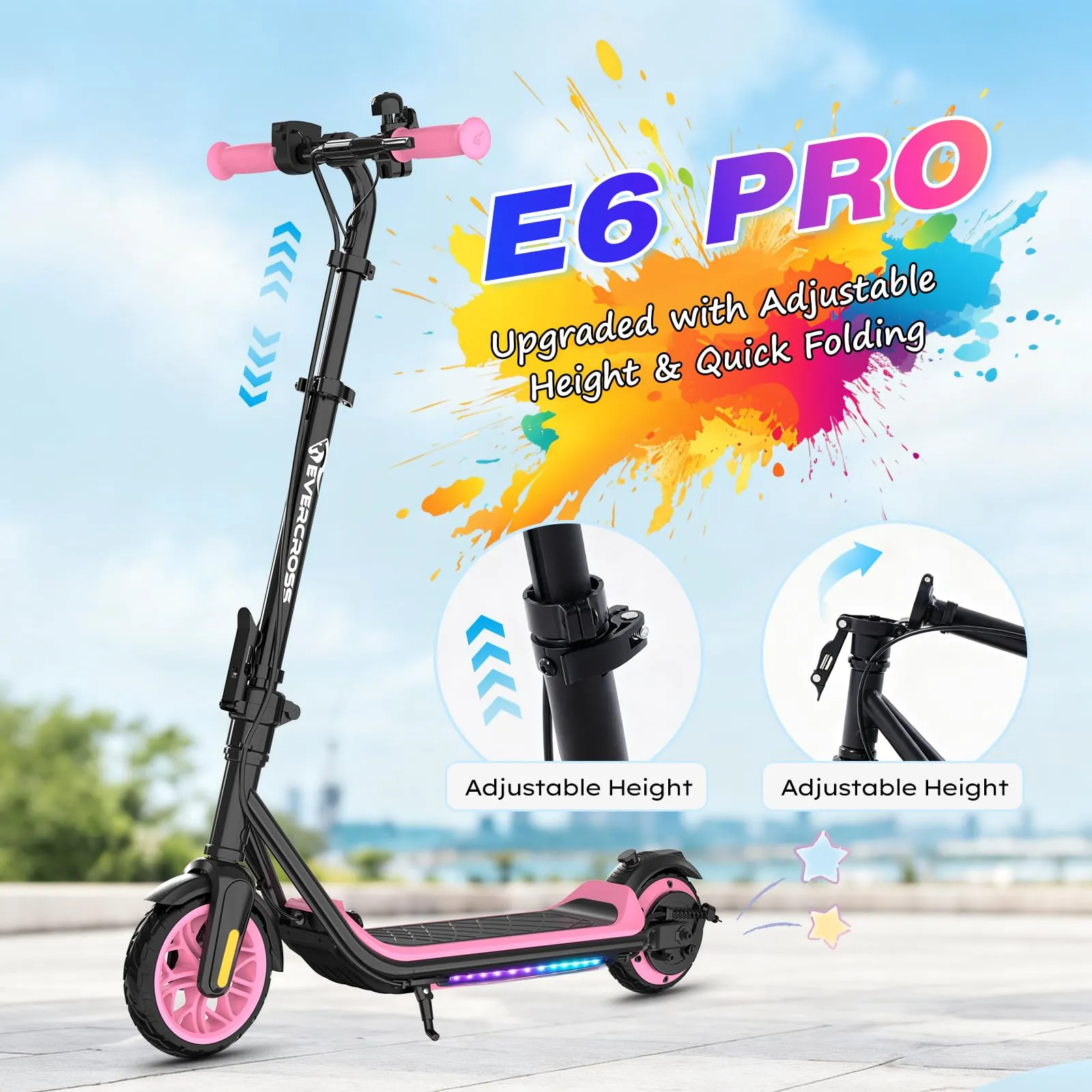 Evercross Monopattino Elettrico per Bambini, Pieghevole, LED e Bluetooth, Rosa - immagine 2