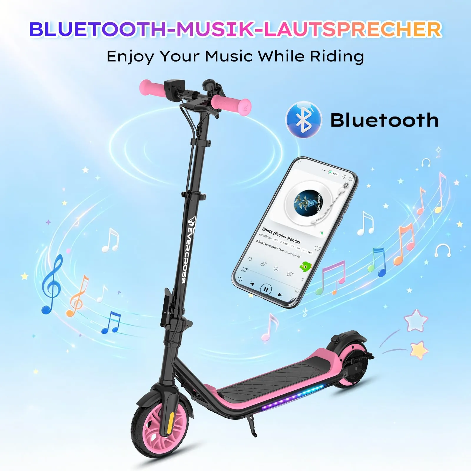 Evercross Monopattino Elettrico per Bambini, Pieghevole, LED e Bluetooth, Rosa - immagine 3