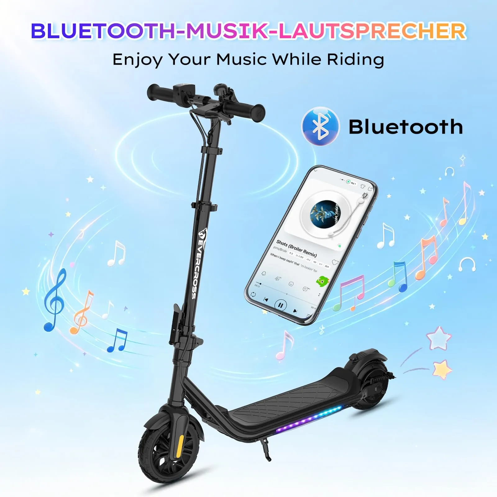 Evercross Monopattino Elettrico per Bambini, LED e Bluetooth, Pieghevole, Nero - immagine 3