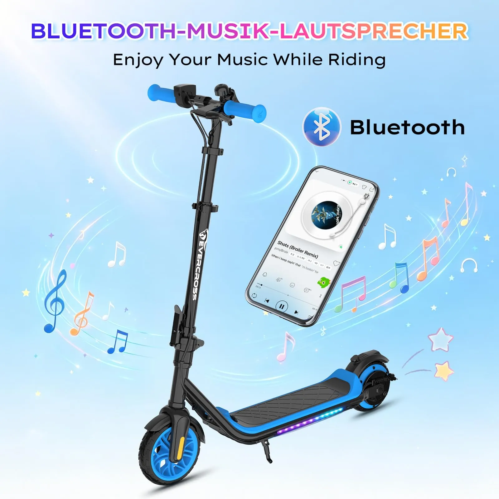 Evercross Monopattino Elettrico per Bambini, LED e Bluetooth, Pieghevole, Blu - immagine 3