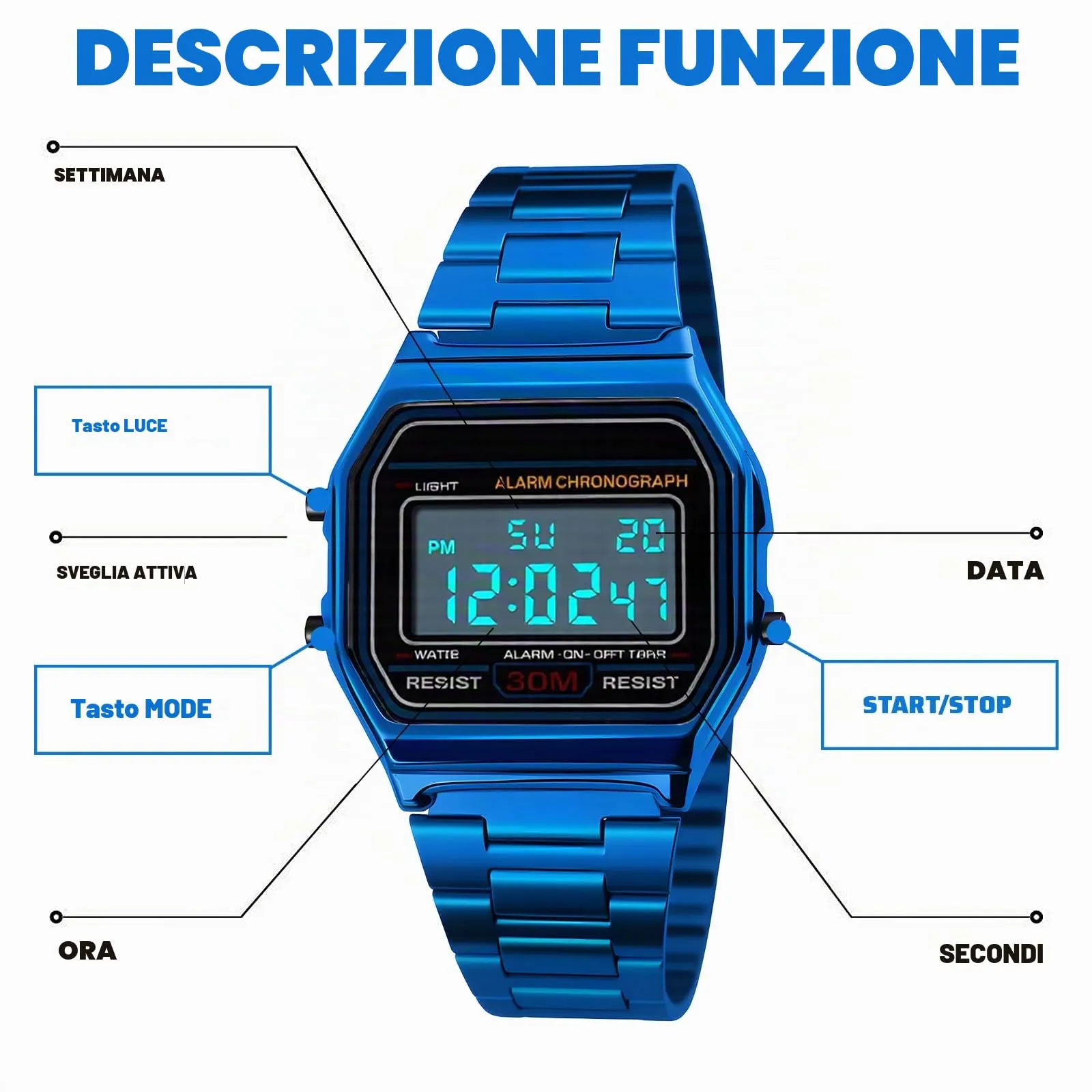 Nicoone Orologio Sportivo in Acciaio Inossidabile, Impermeabile 30m, Blu - immagine 4