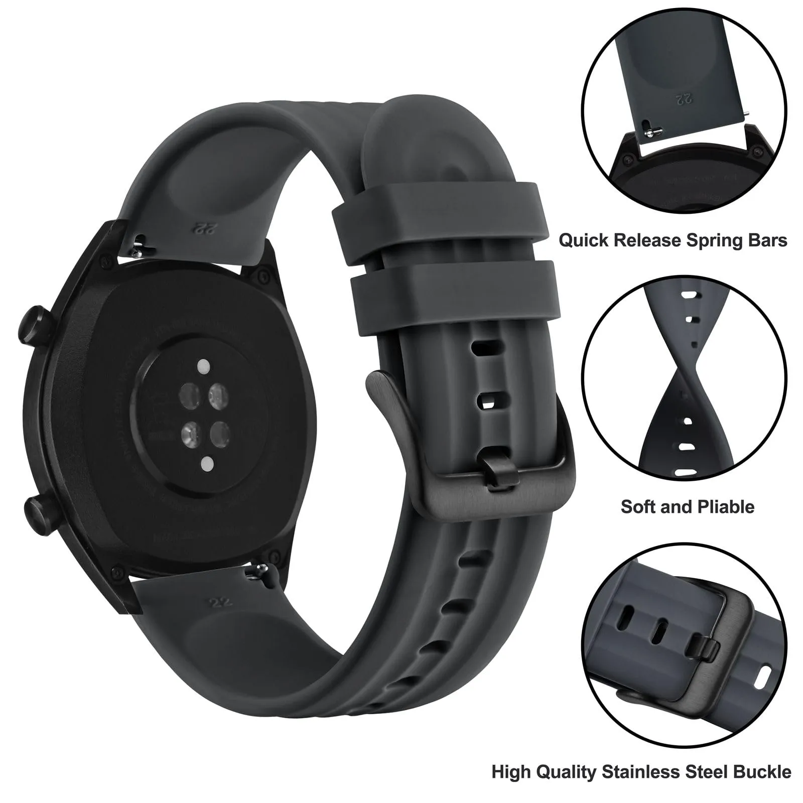 ANBEER Cinturini per Orologi in Silicone 22mm, Sgancio Rapido, Extra Lungo, Grigio Scuro - immagine 3