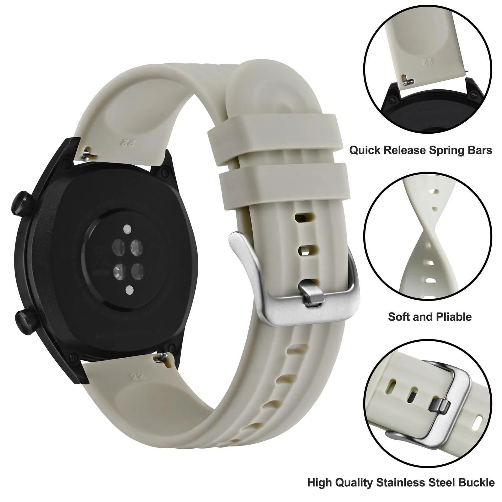 ANBEER Cinturini per Orologi in Silicone 22mm a Sgancio Rapido, Extra Lungo, Beige - immagine 3