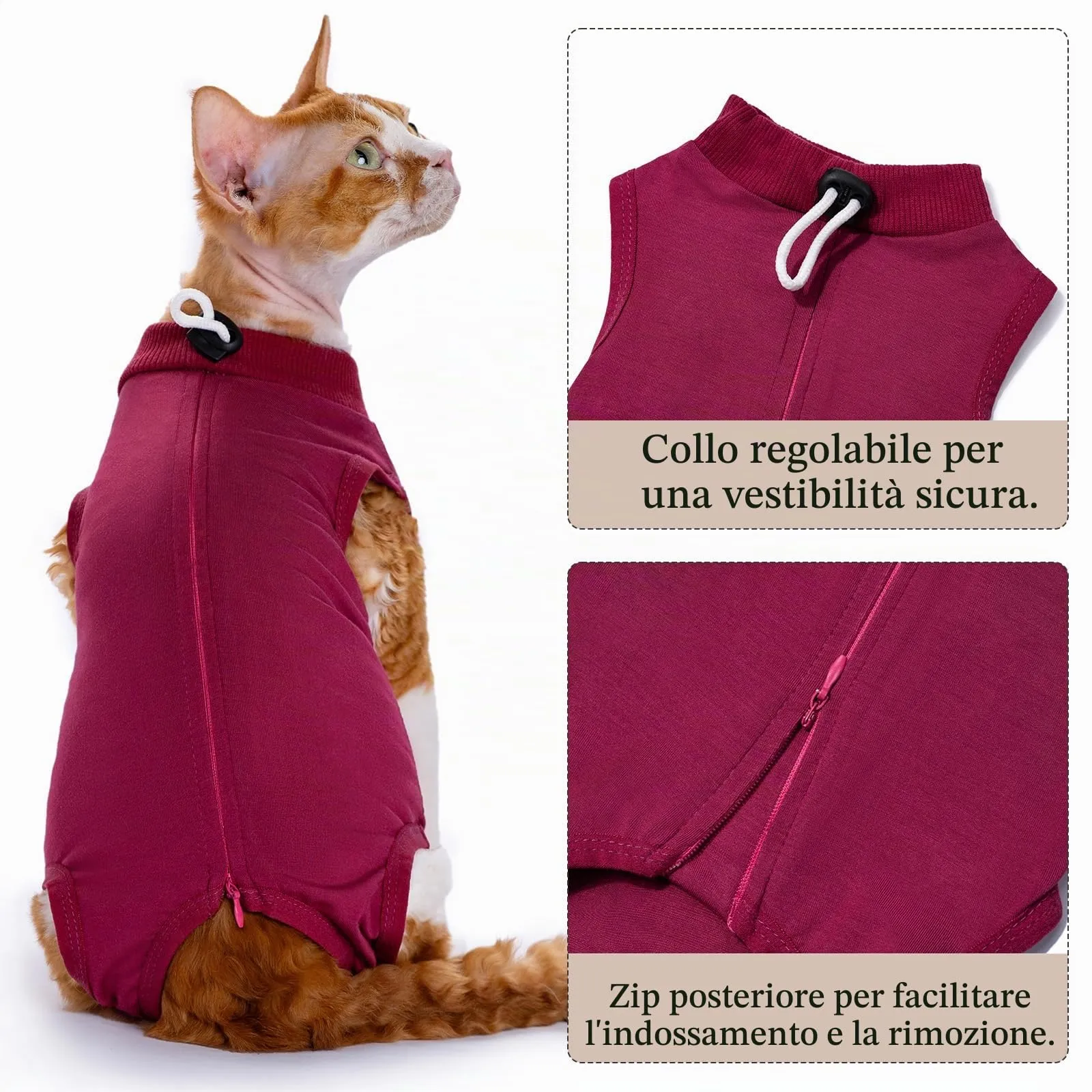Cyponpy Tutina Chirurgica Post Operatoria per Gatti con Cerniera, Gilet di Recupero in Cotone, Rosso, Taglia L - immagine 3