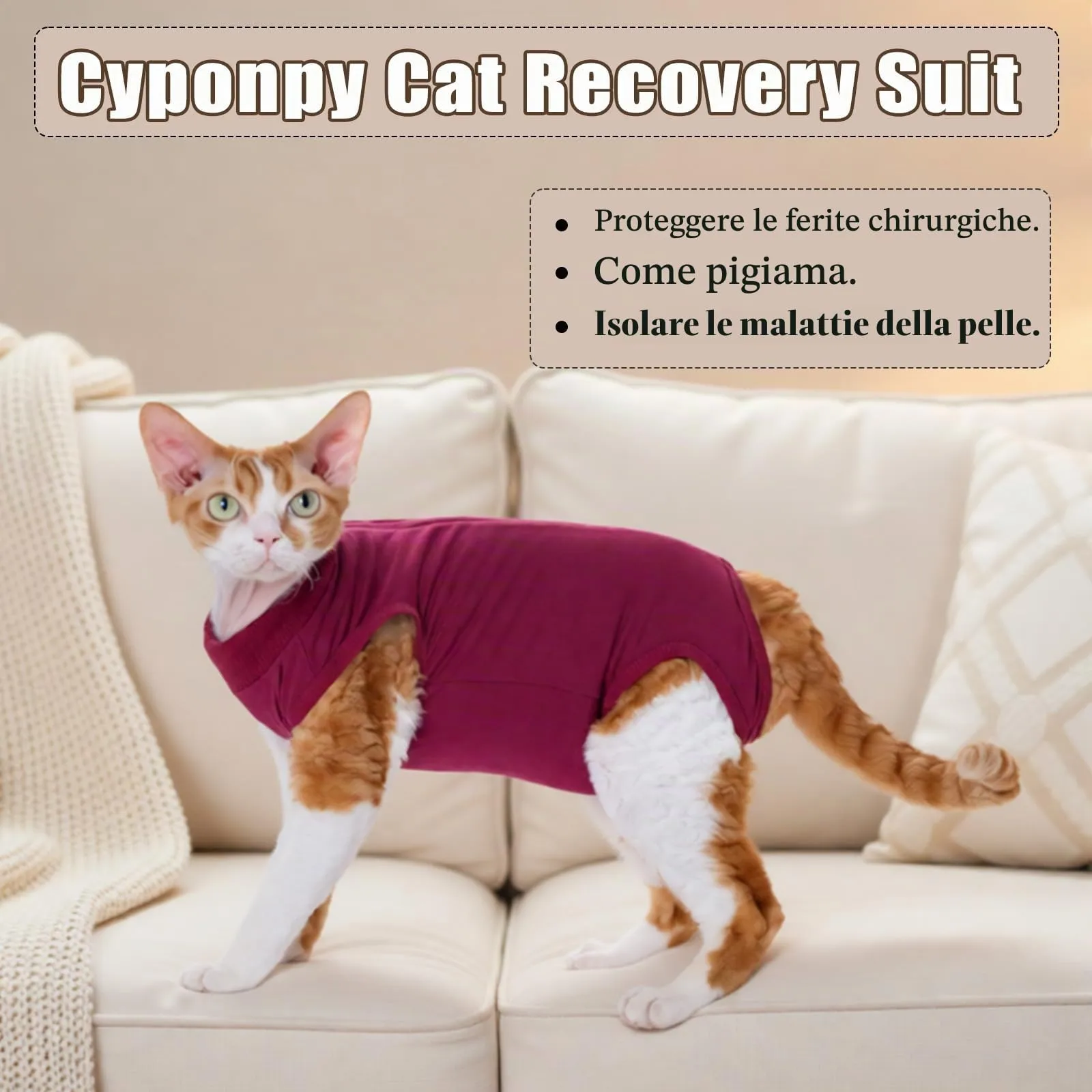 Cyponpy Tutina Chirurgica Post Operatoria per Gatti con Cerniera, Gilet di Recupero in Cotone, Rosso, Taglia L - immagine 5