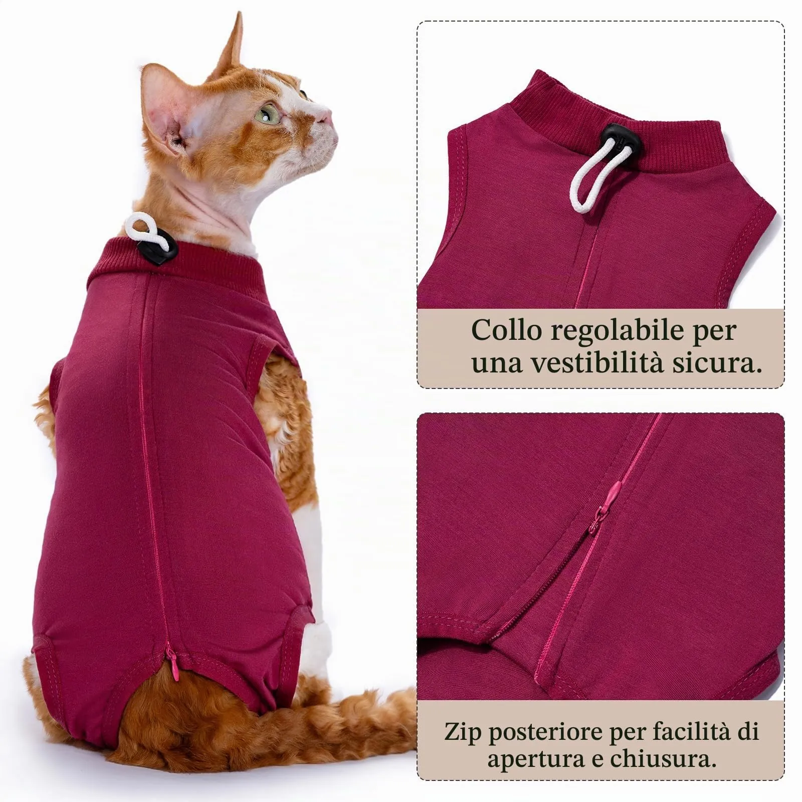 Cyponpy Tutina Chirurgica Post Operatoria per Gatti in Cotone, Rosso, Taglia S - immagine 3