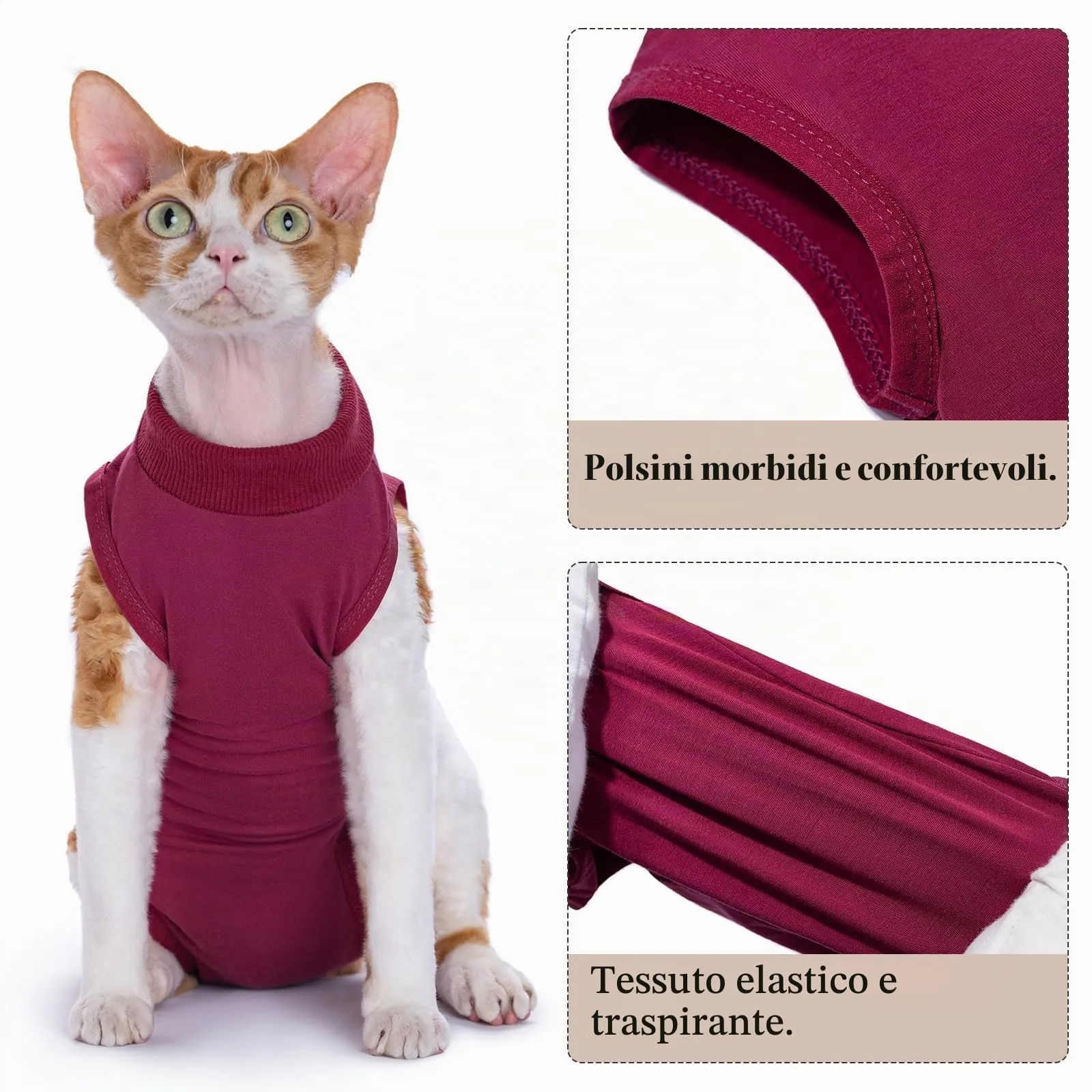 Cyponpy Tutina Chirurgica Post Operatoria per Gatti in Cotone, Rosso, Taglia S - immagine 4