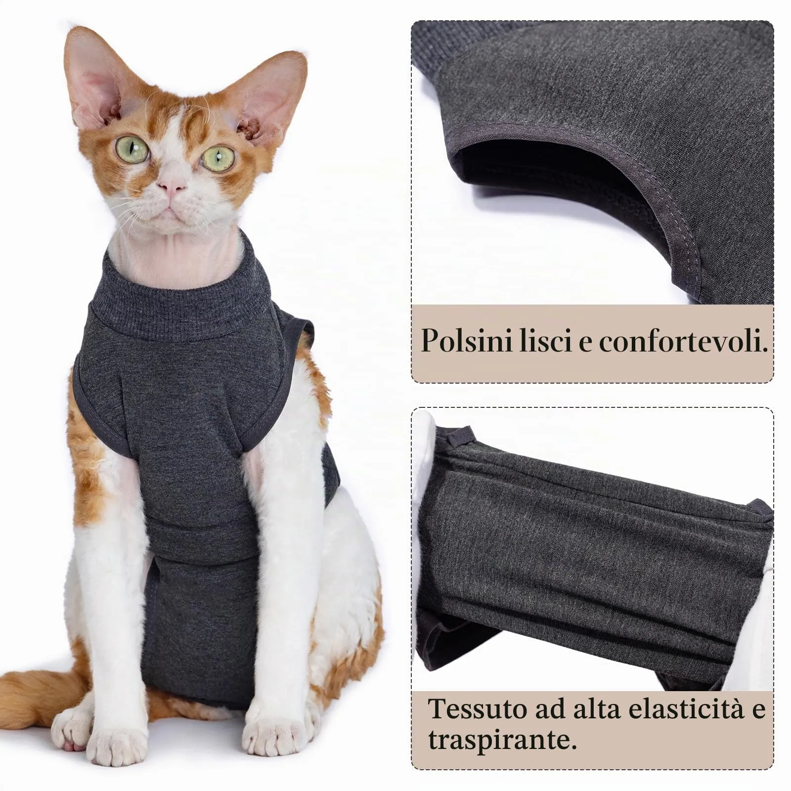 Cyponpy Tutina Post-operatoria per Gatti in Cotone con Cerniera, Grigio, M - immagine 4
