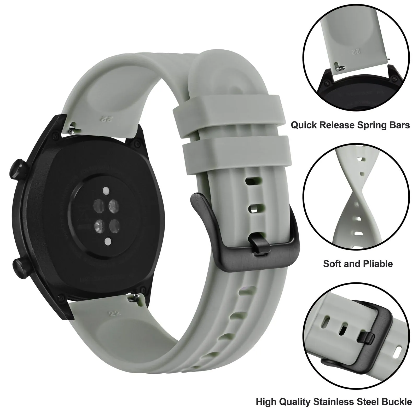 ANBEER Cinturini per Orologi in Silicone 19mm a Sgancio Rapido, Grigio Chiaro - immagine 3