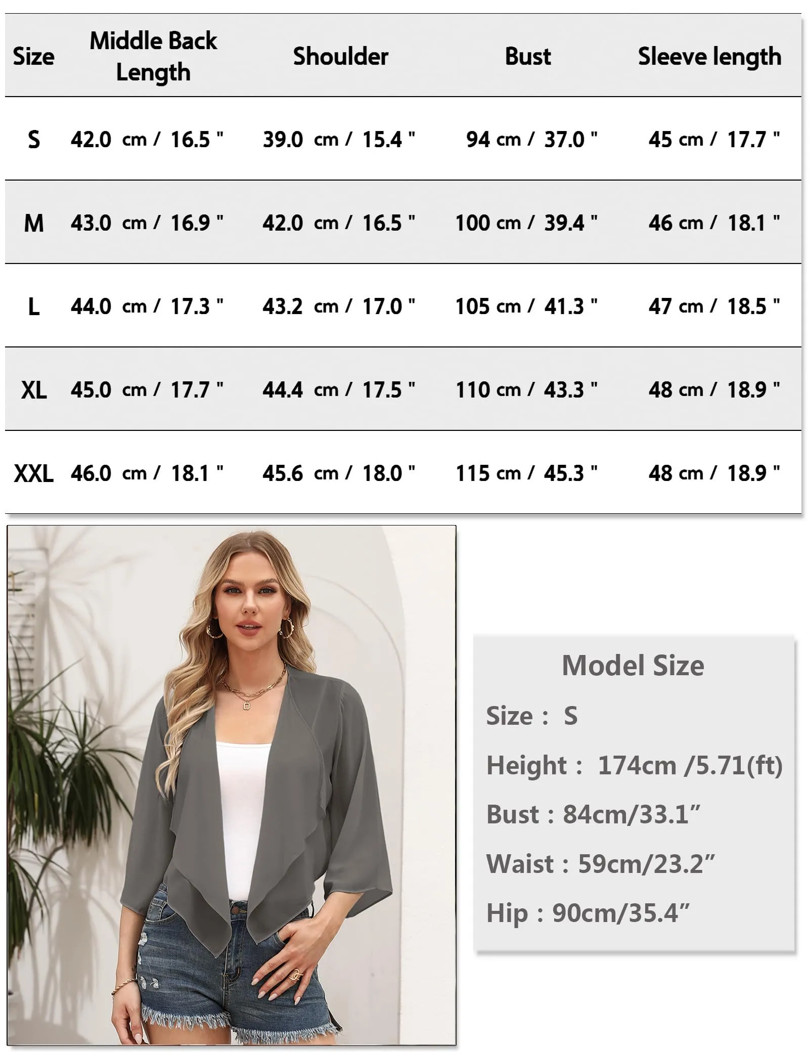 Aottori Coprispalle Donna in Chiffon, Maniche 3/4, Grigio Scuro, L - immagine 6