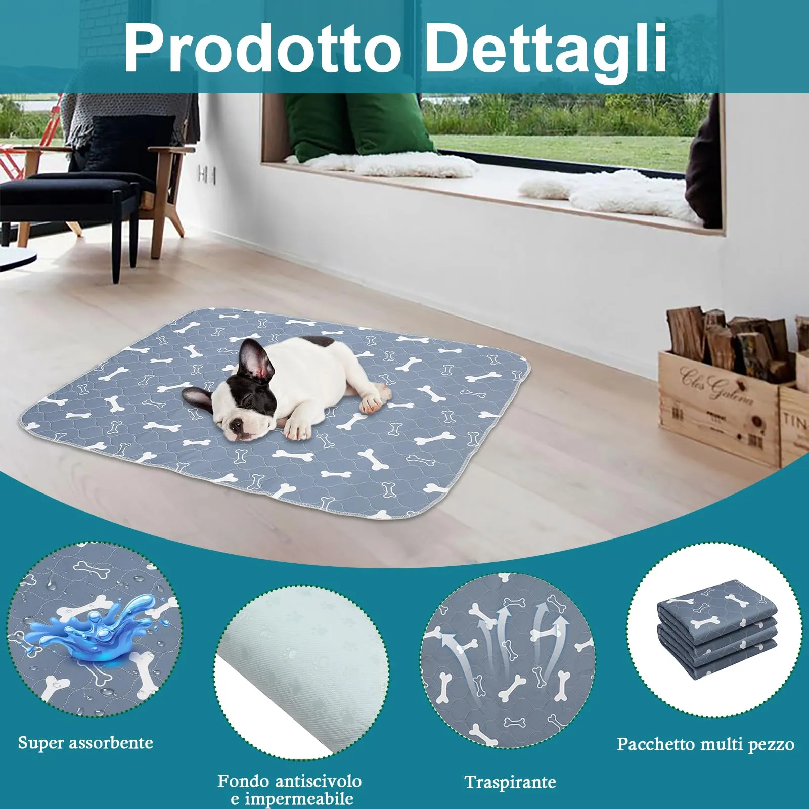 Geyecete Tappetini Igienici Lavabili e Riutilizzabili per Cani, Cuccioli e Piccoli Animali, 60 x 45 cm, 4 Pezzi, Grigio - immagine 3