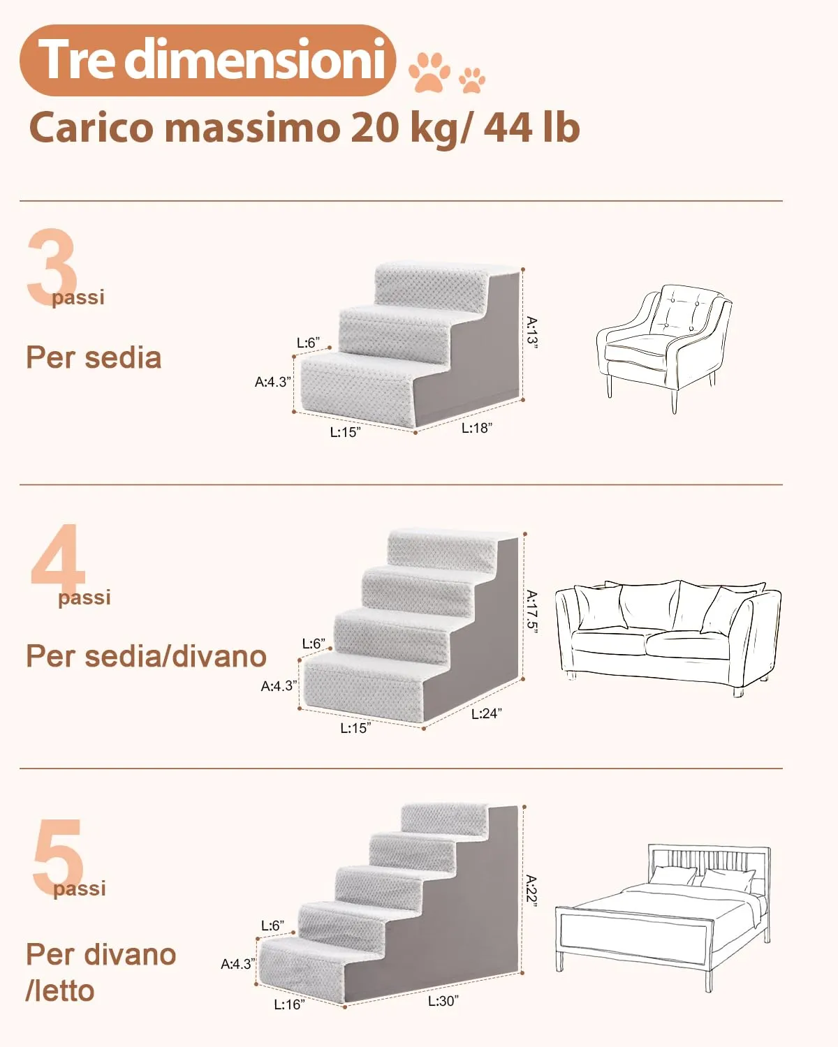 KSIIA Scala per Cani di Piccola Taglia, 4 Gradini, 60 x 38 x 44 cm - immagine 2