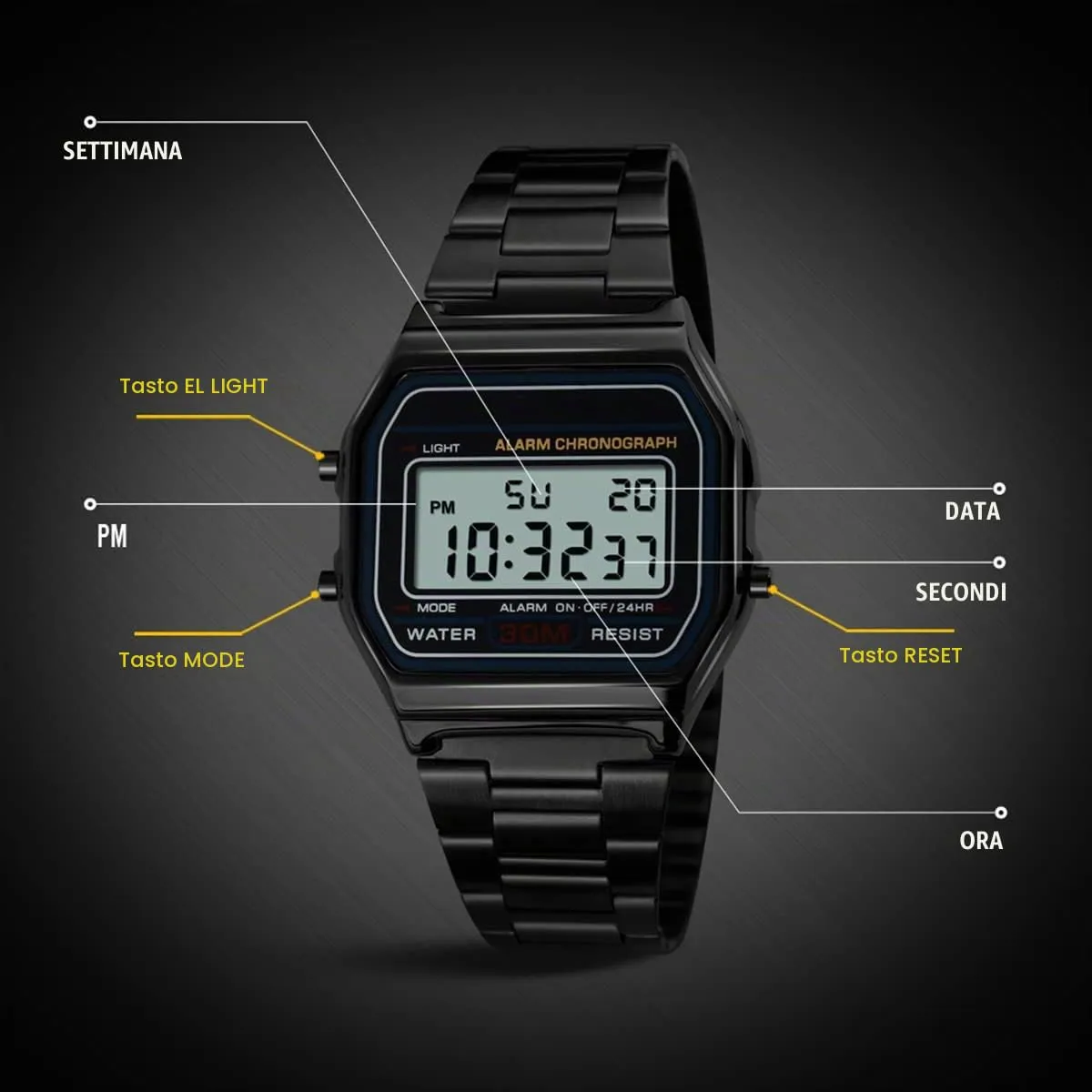 Nicoone Orologio Digitale Sportivo in Acciaio Inossidabile 30m Impermeabile - Nero - immagine 5