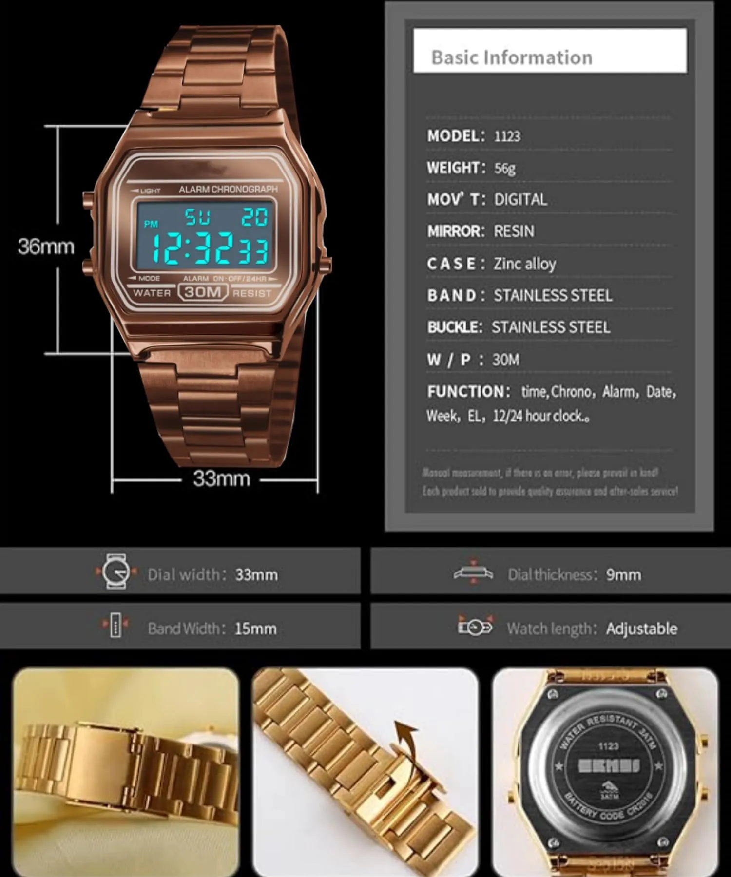 Nicoone Orologio Digitale in Acciaio Inossidabile Impermeabile 30m - Caffè Oro - immagine 3