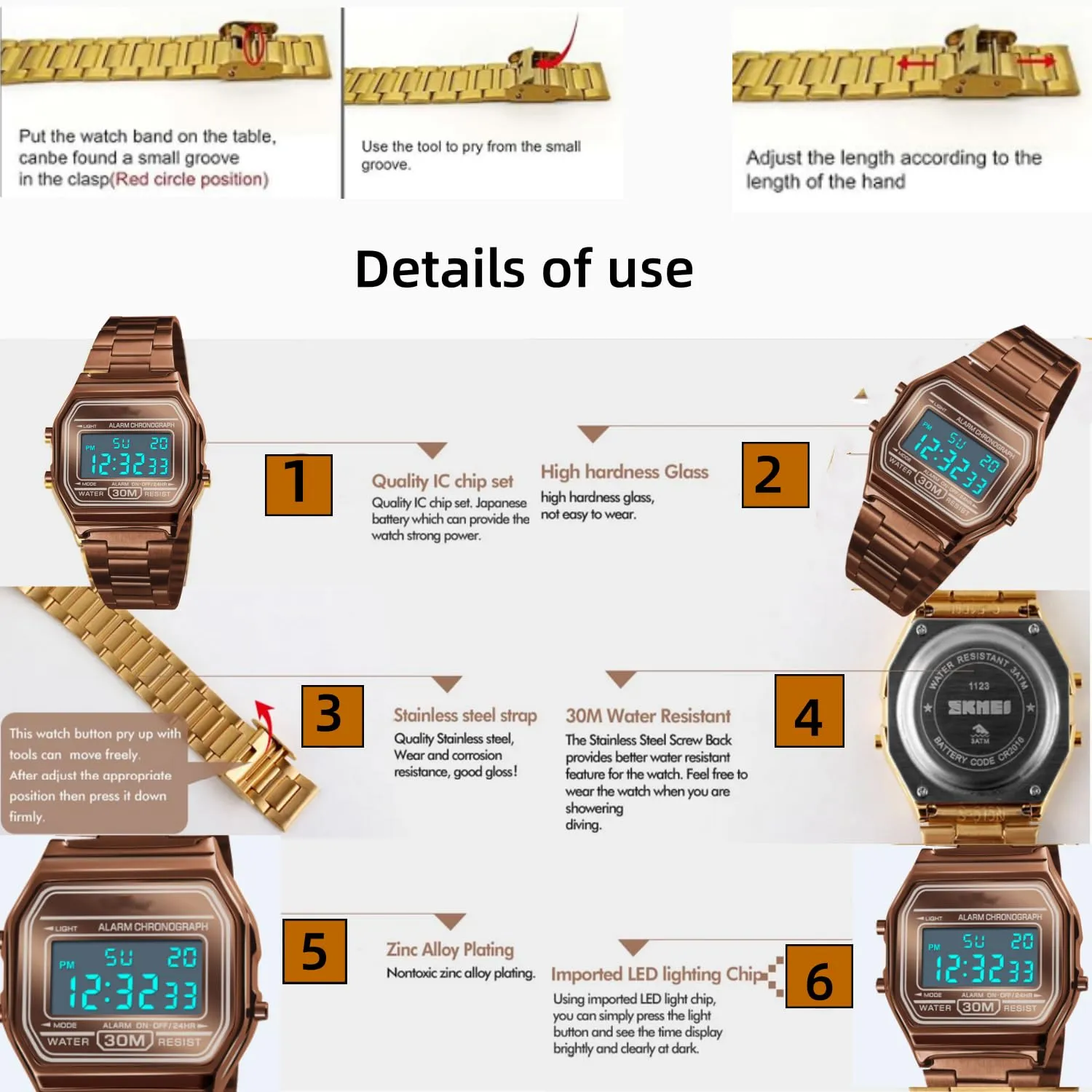 Nicoone Orologio Digitale in Acciaio Inossidabile Impermeabile 30m - Caffè Oro - immagine 4