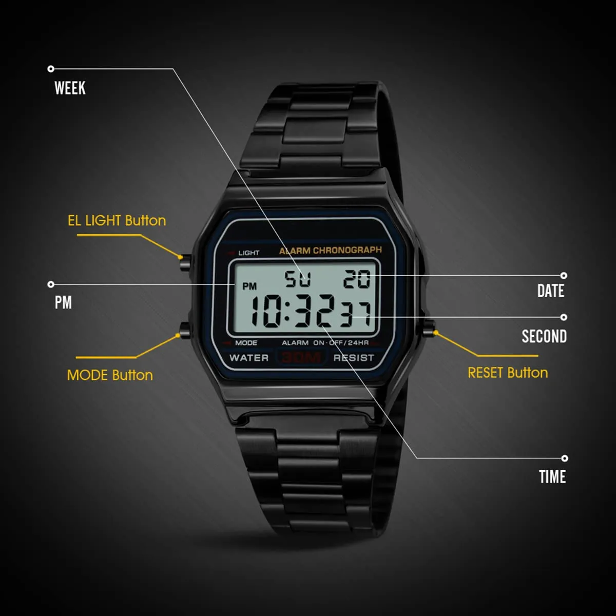 Nicoone Orologio Digitale in Acciaio Inossidabile Impermeabile 30m - Caffè Oro - immagine 7