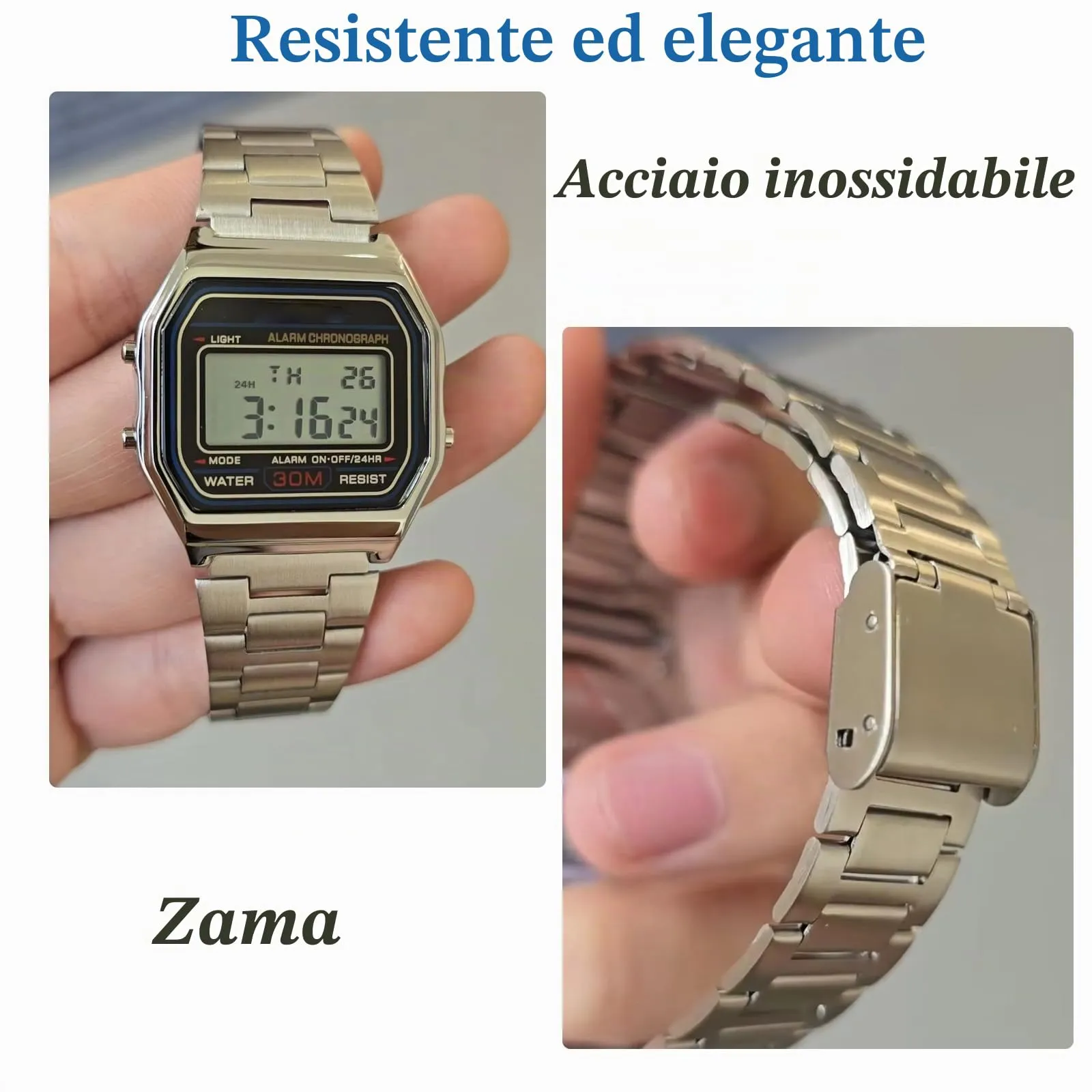 Nicoone Orologio Digitale al Quarzo Argento, Impermeabile 30M, Cinturino in Acciaio - immagine 3
