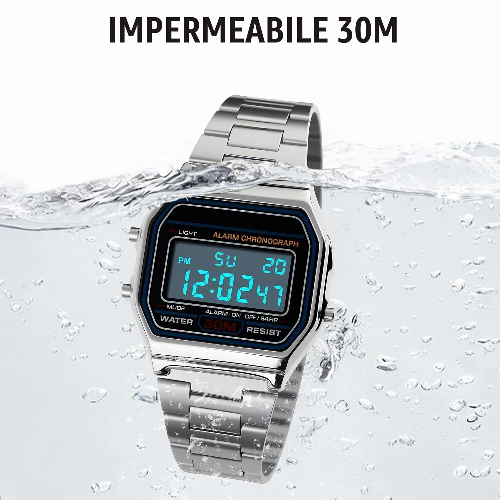 Nicoone Orologio Digitale al Quarzo Argento, Impermeabile 30M, Cinturino in Acciaio - immagine 7