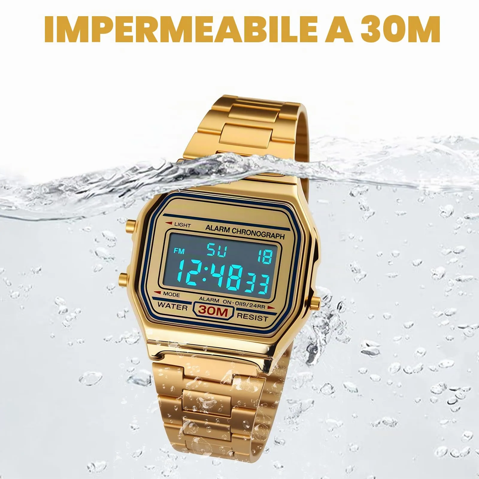 Nicoone Orologio Digitale da Uomo in Acciaio Inossidabile Impermeabile 30M, Oro - immagine 3