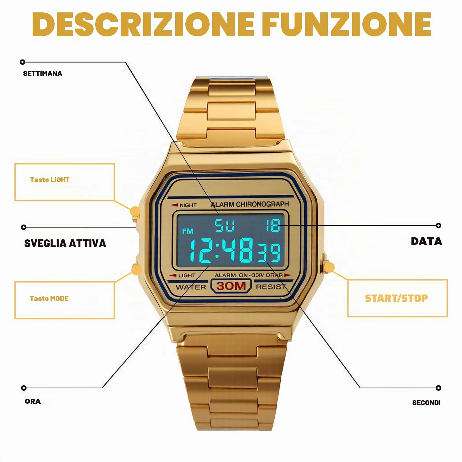 Nicoone Orologio Digitale da Uomo in Acciaio Inossidabile Impermeabile 30M, Oro - immagine 5