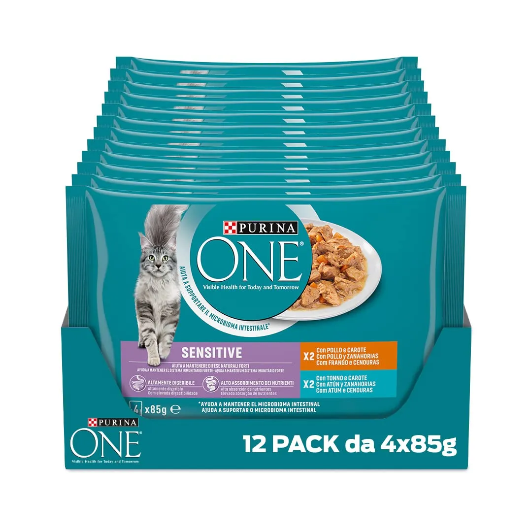 Purina One Sensitive Cibo Umido per Gatti Adulti Filettini in Salsa con Pollo, Tonno e Carote, 48 Buste da 85g - immagine 4