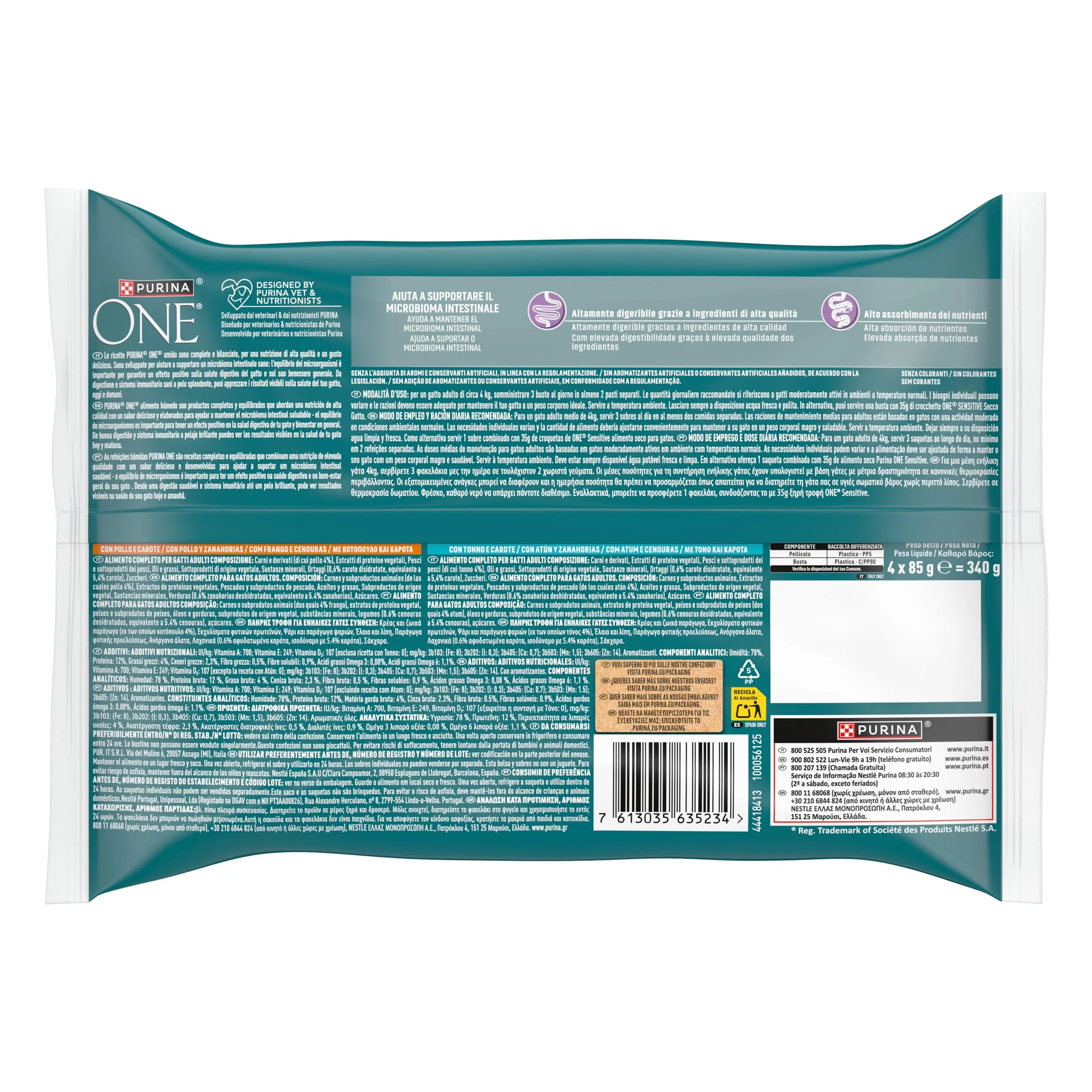 Purina One Sensitive Cibo Umido per Gatti Adulti Filettini in Salsa con Pollo, Tonno e Carote, 48 Buste da 85g - immagine 7