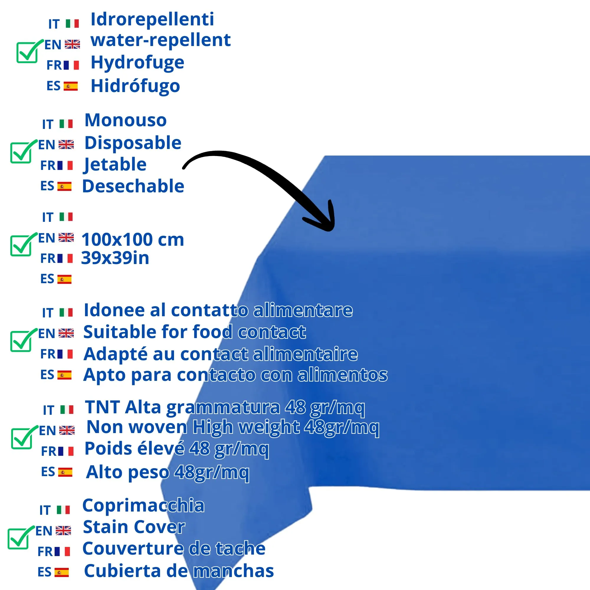 Tovaglie monouso in TNT blu cobalto 100x100 cm, 48gr, 25 pezzi - immagine 2