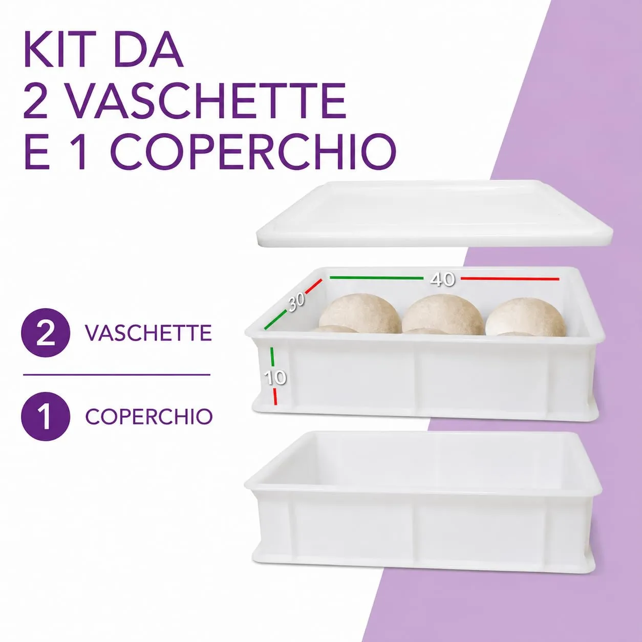 LUNEDA Set 2 Cassette Lievitazione con 1 Coperchio 40 x 30 cm, Contenitore per Impasto Pizza e Pane in Polietilene, 12 L - immagine 2