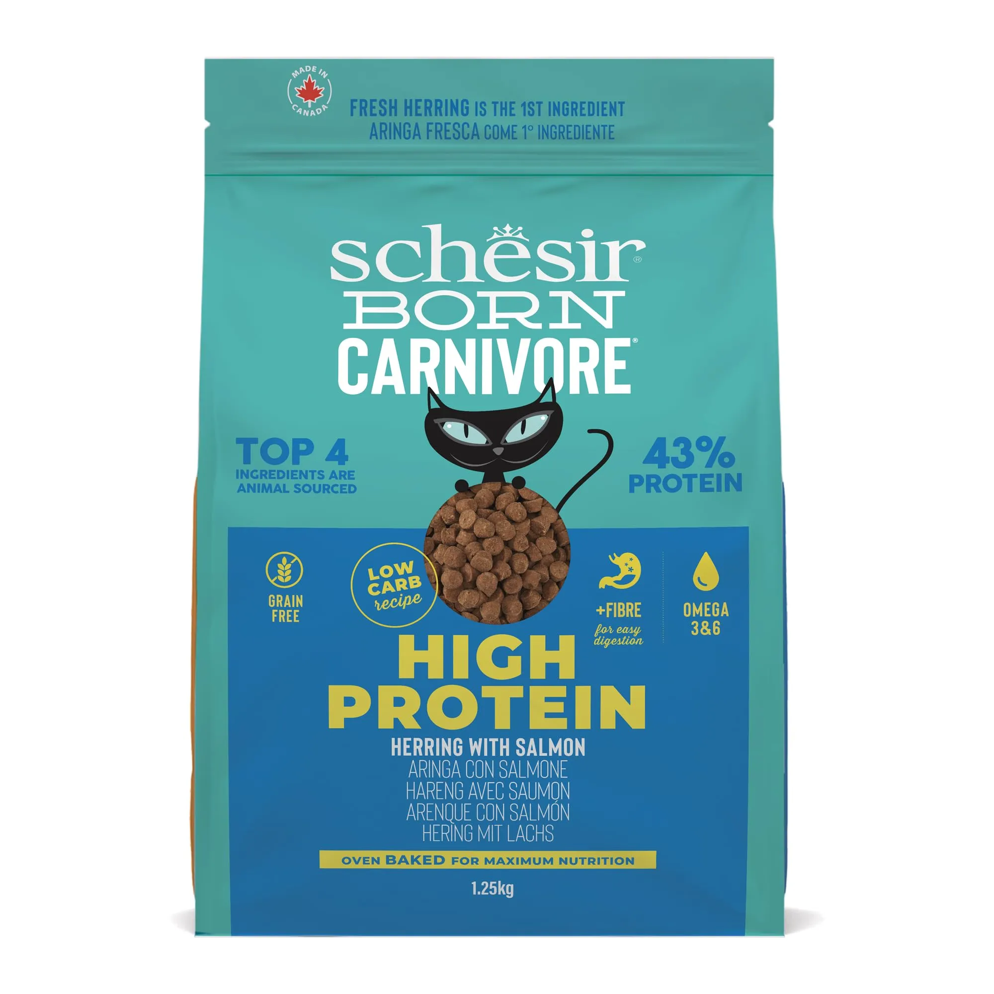 Schesir Born Carnivore Crocchette per Gatti Adulti, Aringa e Salmone, Cotte al Forno, 1,25kg - immagine 1