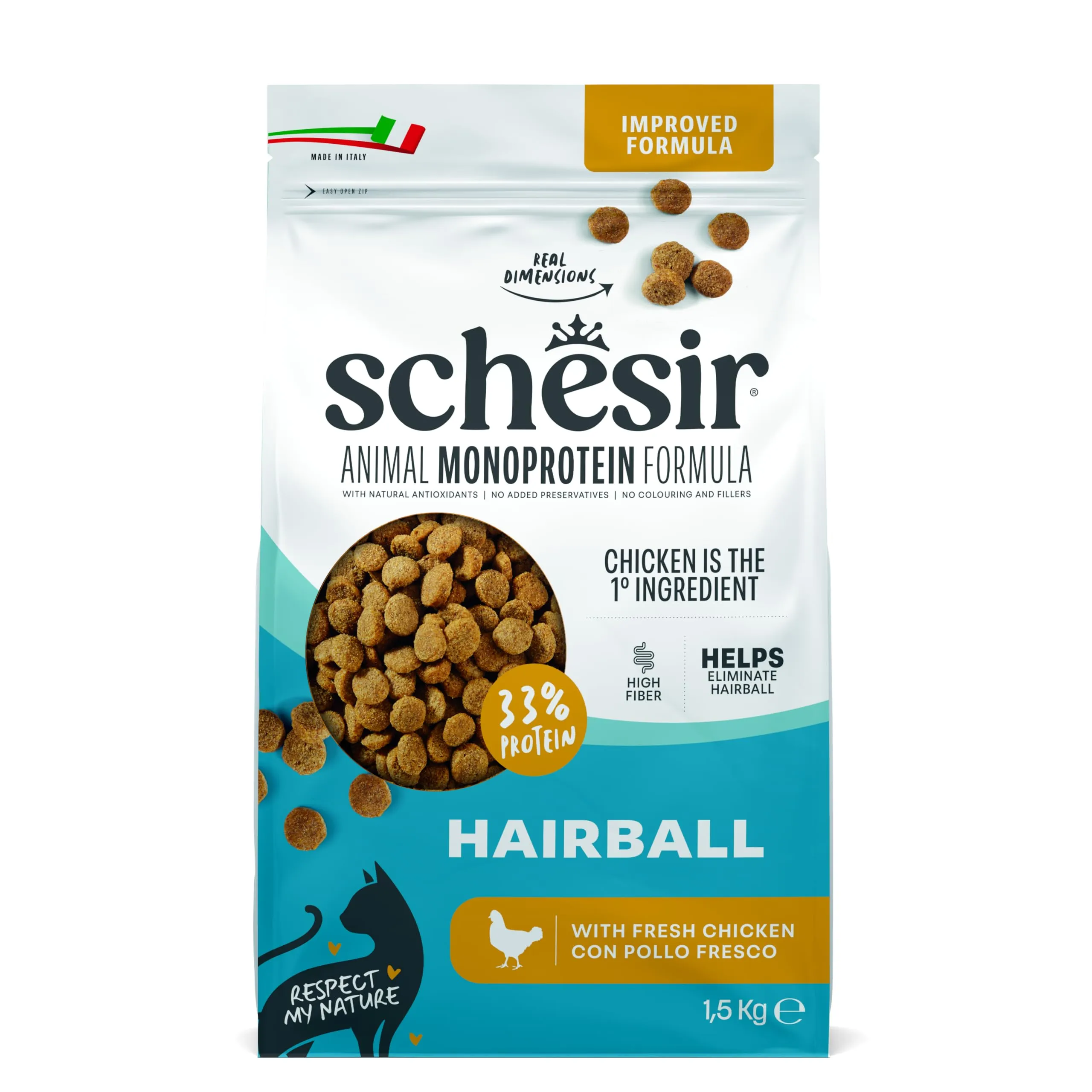 Schesir Animal Monoprotein Hairball Pollo, Croccantini per Gatti Adulti, 1,5 kg - immagine 1