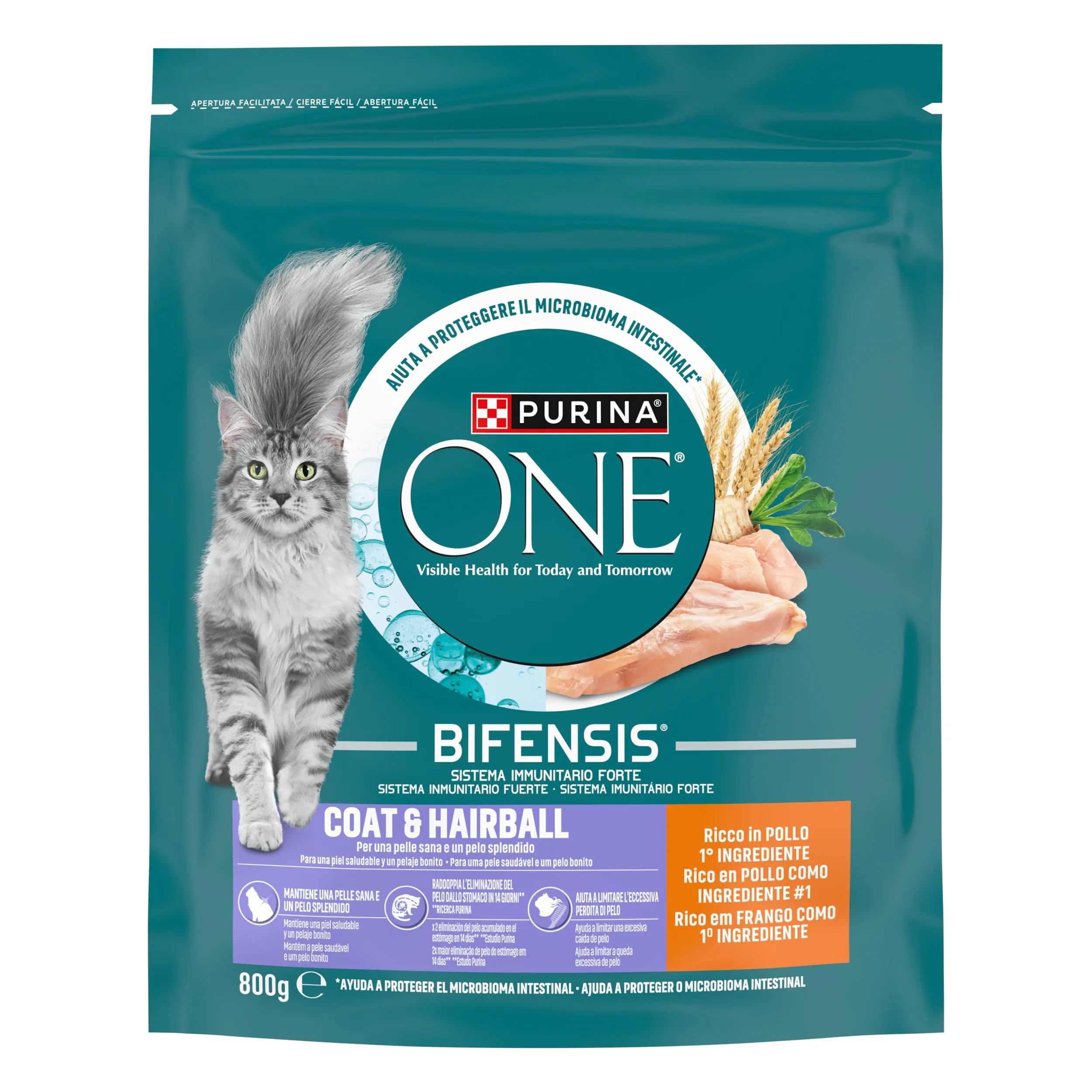 Purina ONE Bifensis Coat & Hairball Crocchette per Gatti Adulti Pollo e Cereali Integrali, 8 x 800g - immagine 2