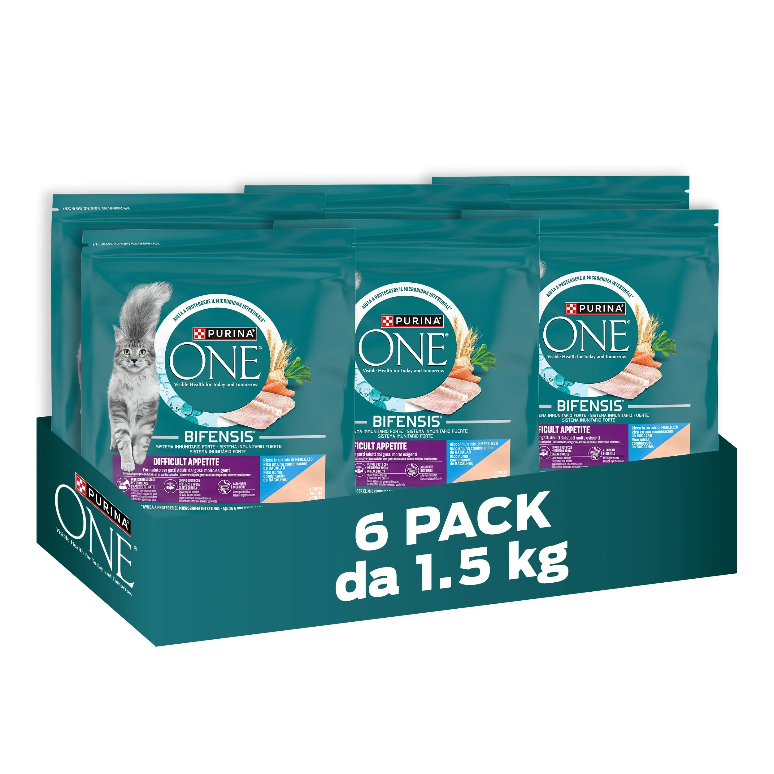 Purina One Bifensis Appetito Difficile Crocchette per Gatti Adulti con Merluzzo e Trota, 6 x 1.5kg - immagine 1