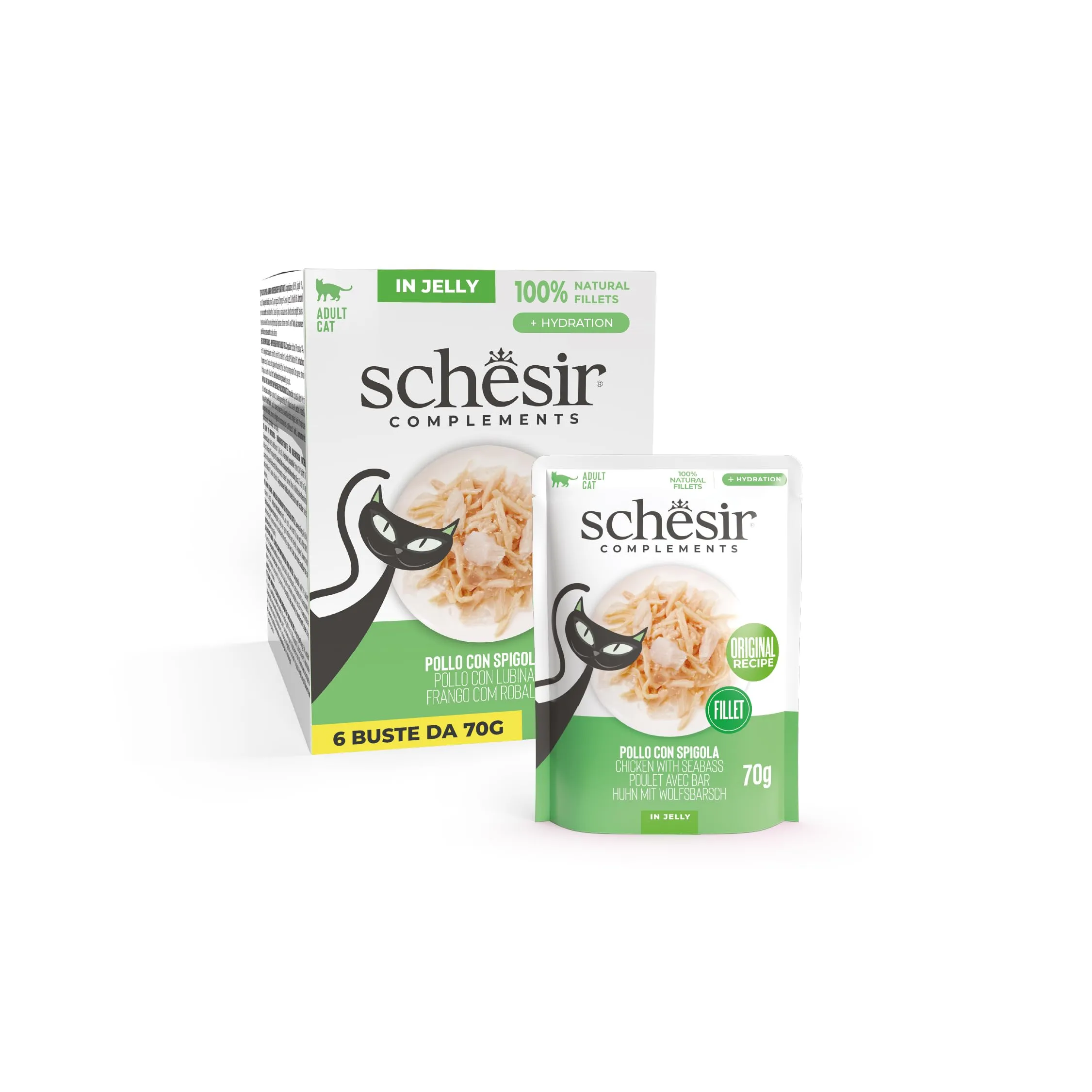 Schesir Filetti di Pollo con Spigola in Gelatina per Gatti, 6 x 70g - immagine 1