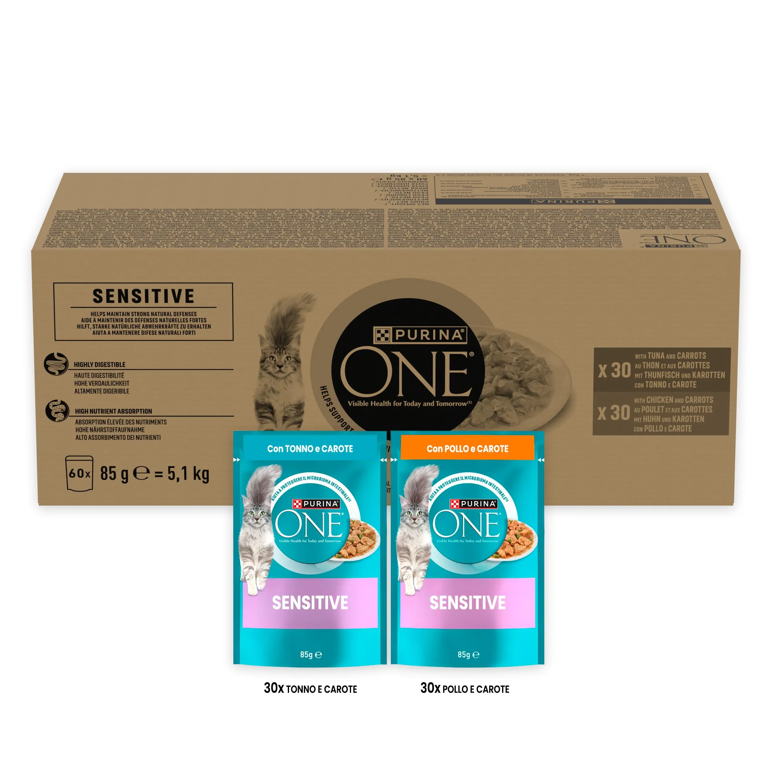 Purina ONE Sensitive Cibo Umido per Gatti Adulti, 60 Bustine da 85g - immagine 2