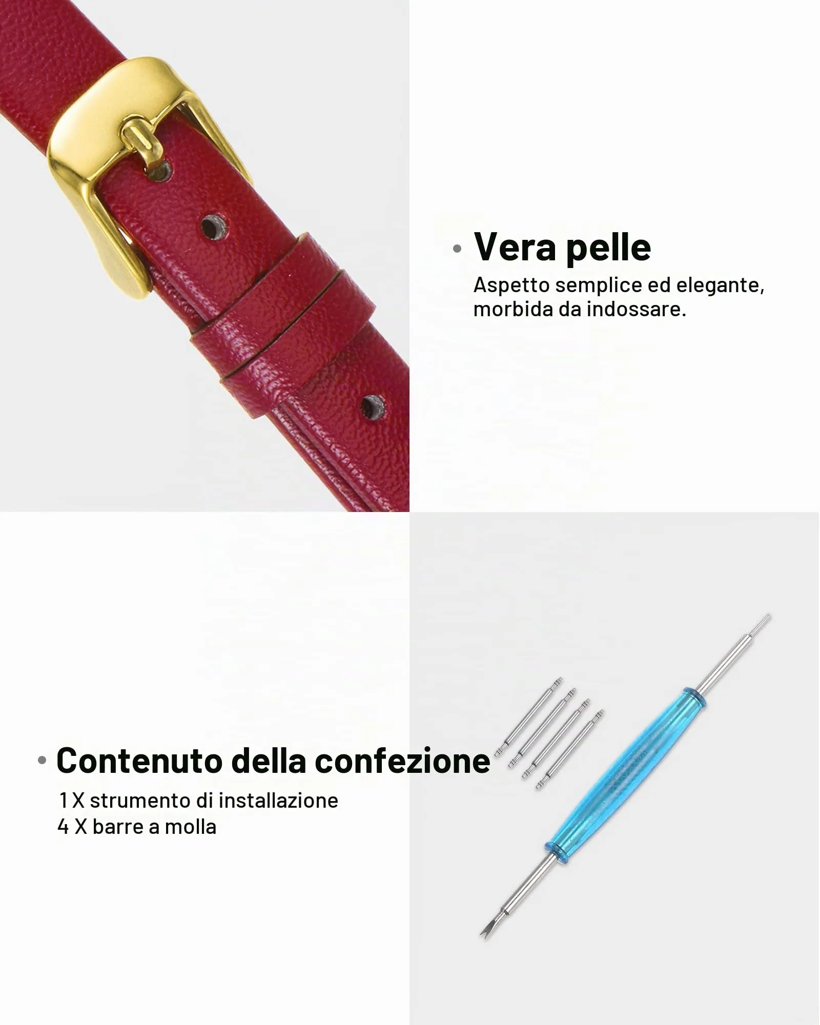 QUARKZMAN Cinturino Orologio in Pelle 12mm, Rosso - immagine 3