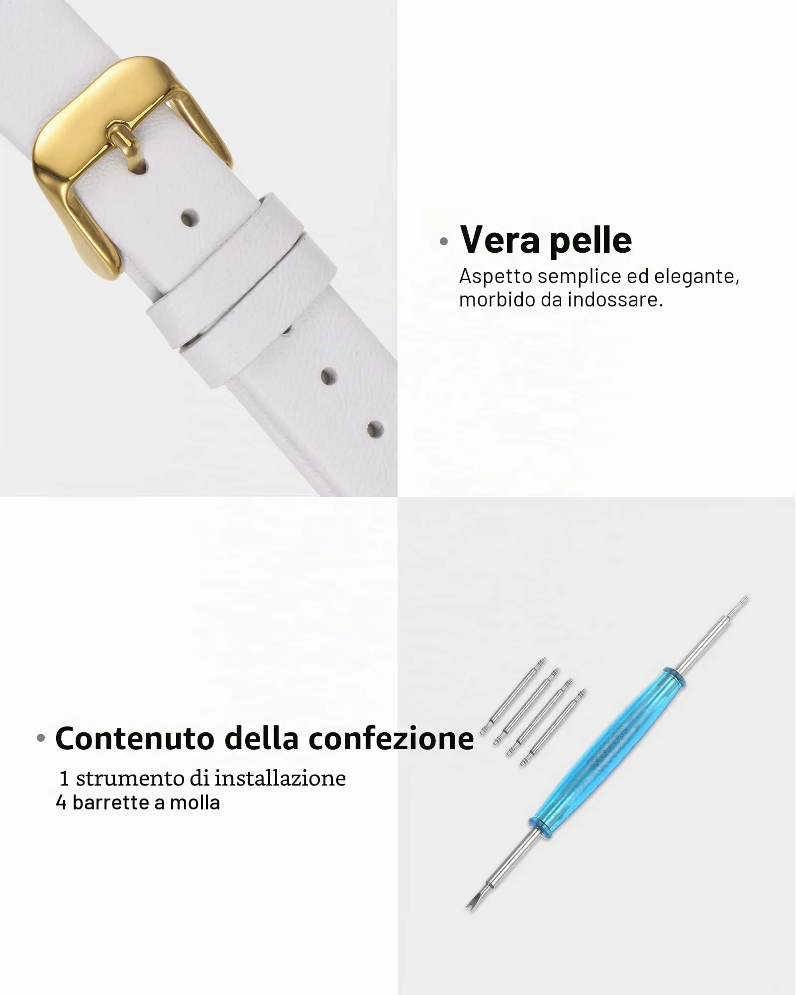 QUARKZMAN Cinturino Orologio in Vera Pelle 16mm Bianco con Fibbia Tono Dorato - immagine 3