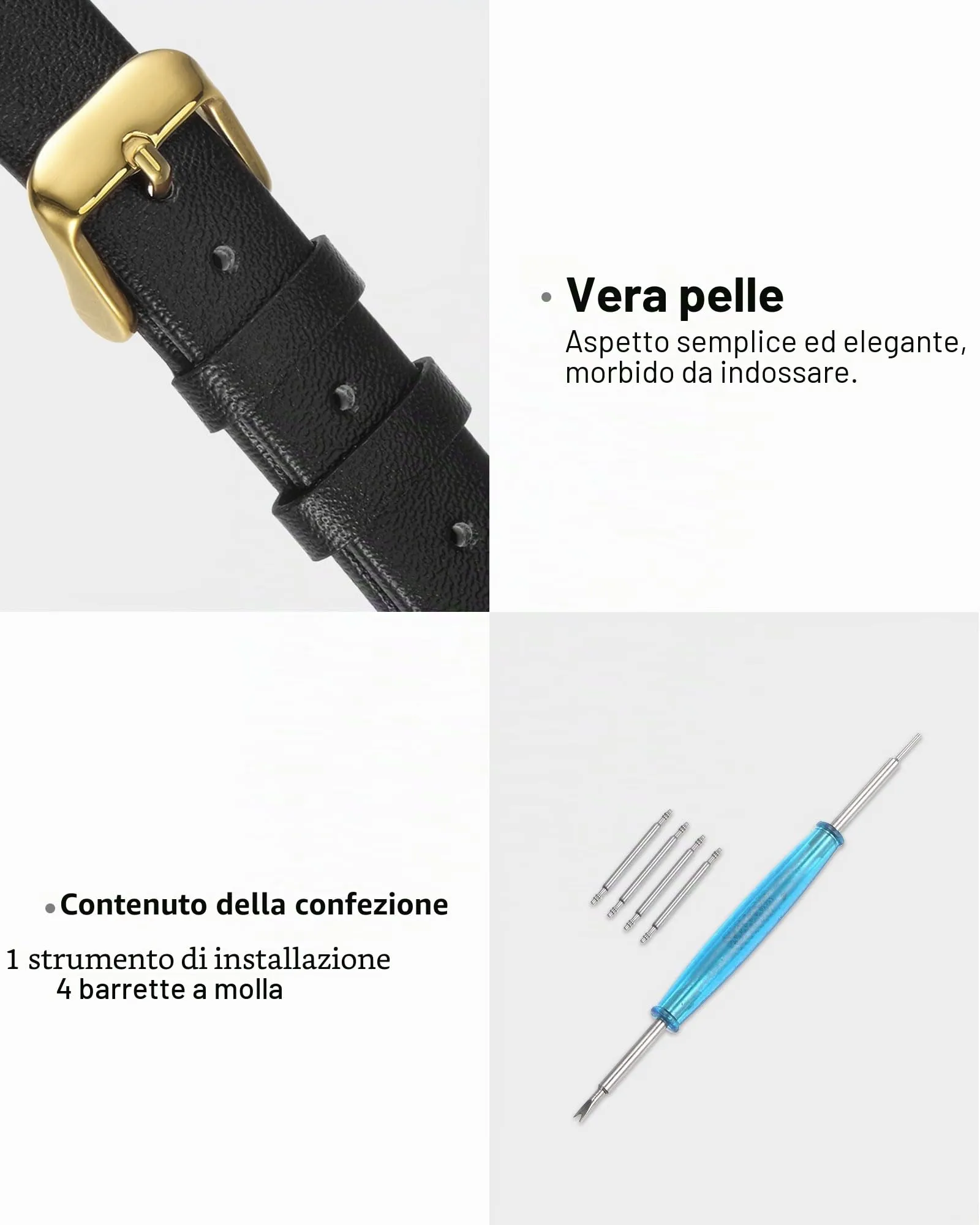 QUARKZMAN Cinturino Orologio in Vera Pelle 16mm, Nero con Fibbia Tono Oro - immagine 3