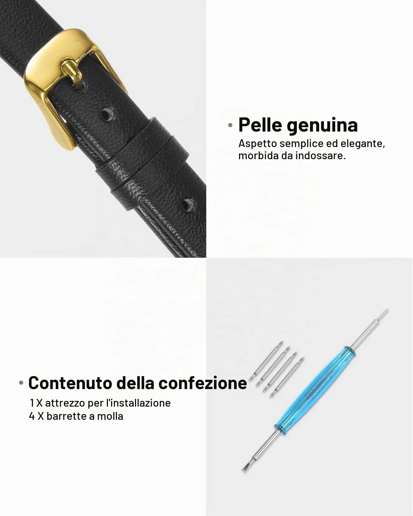 QUARKZMAN Cinturino Orologio in Vera Pelle 12mm Nero con Fibbia Tono Dorato - immagine 3