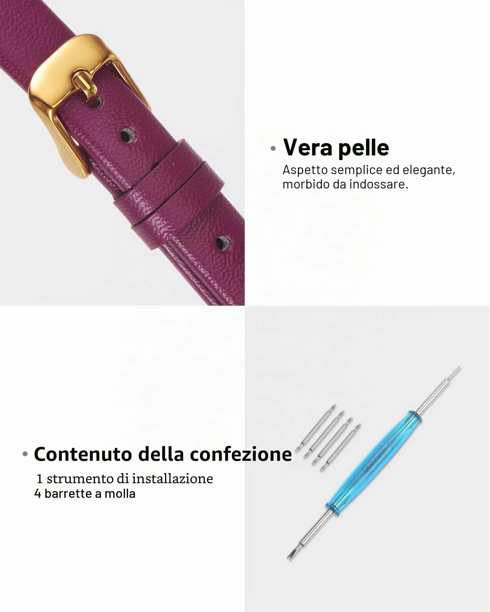 QUARKZMAN Cinturino Orologio in Vera Pelle 14mm, Viola con Fibbia Tono Oro - immagine 3