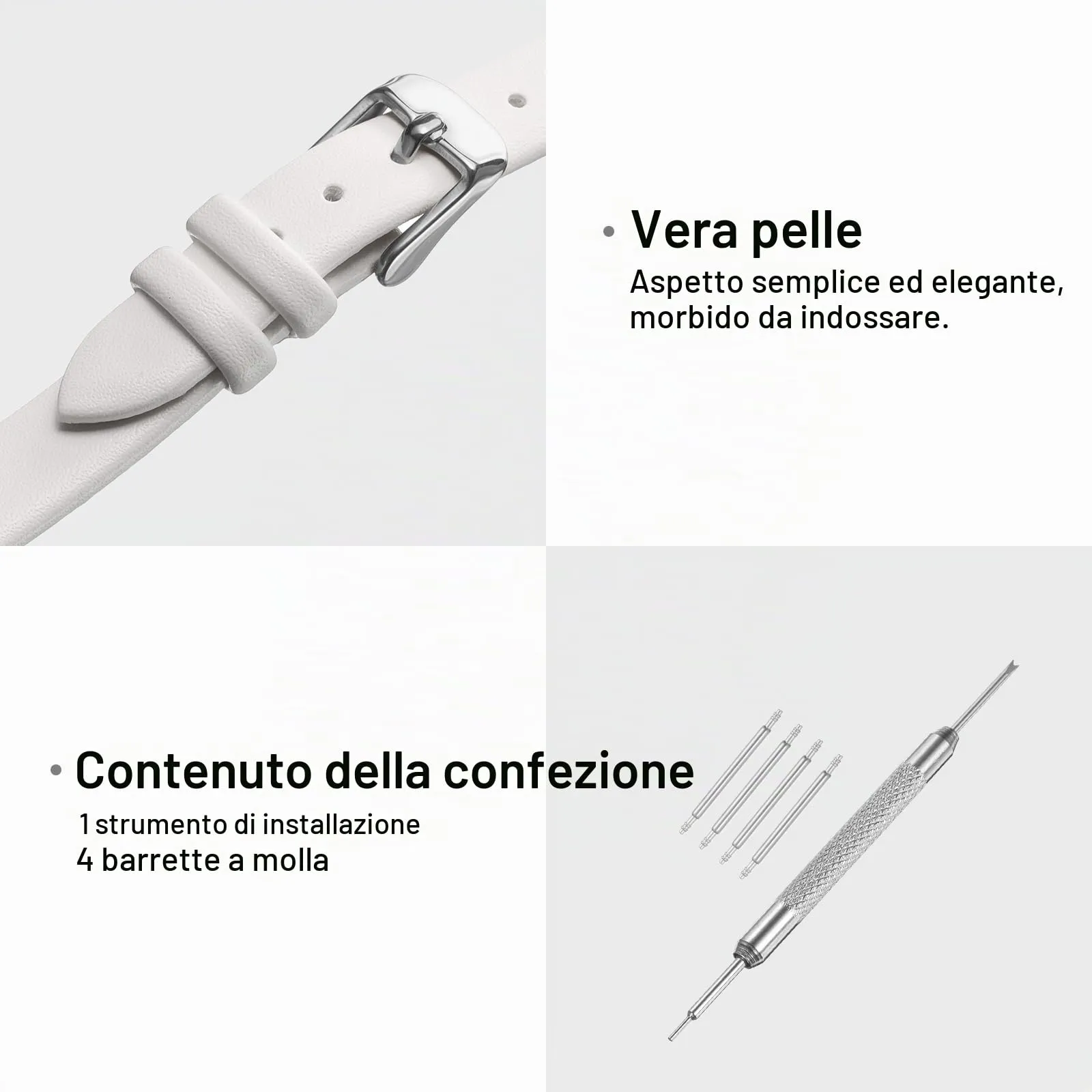 QUARKZMAN Cinturino Orologio in Pelle 10mm Bianco con Fibbia Tono Argento - immagine 3