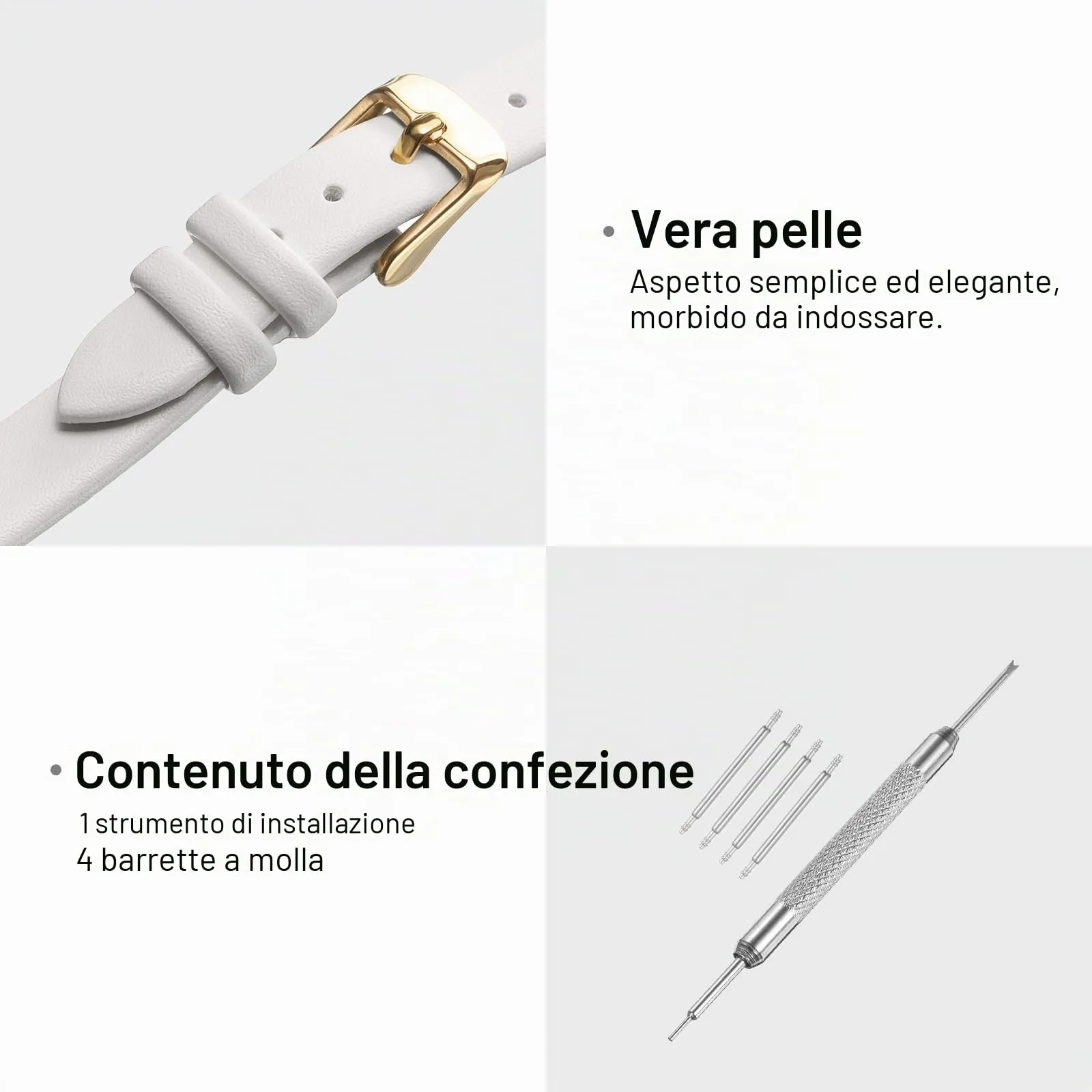 QUARKZMAN Cinturino Orologio in Vera Pelle 10mm con Fibbia Oro, Bianco - immagine 3
