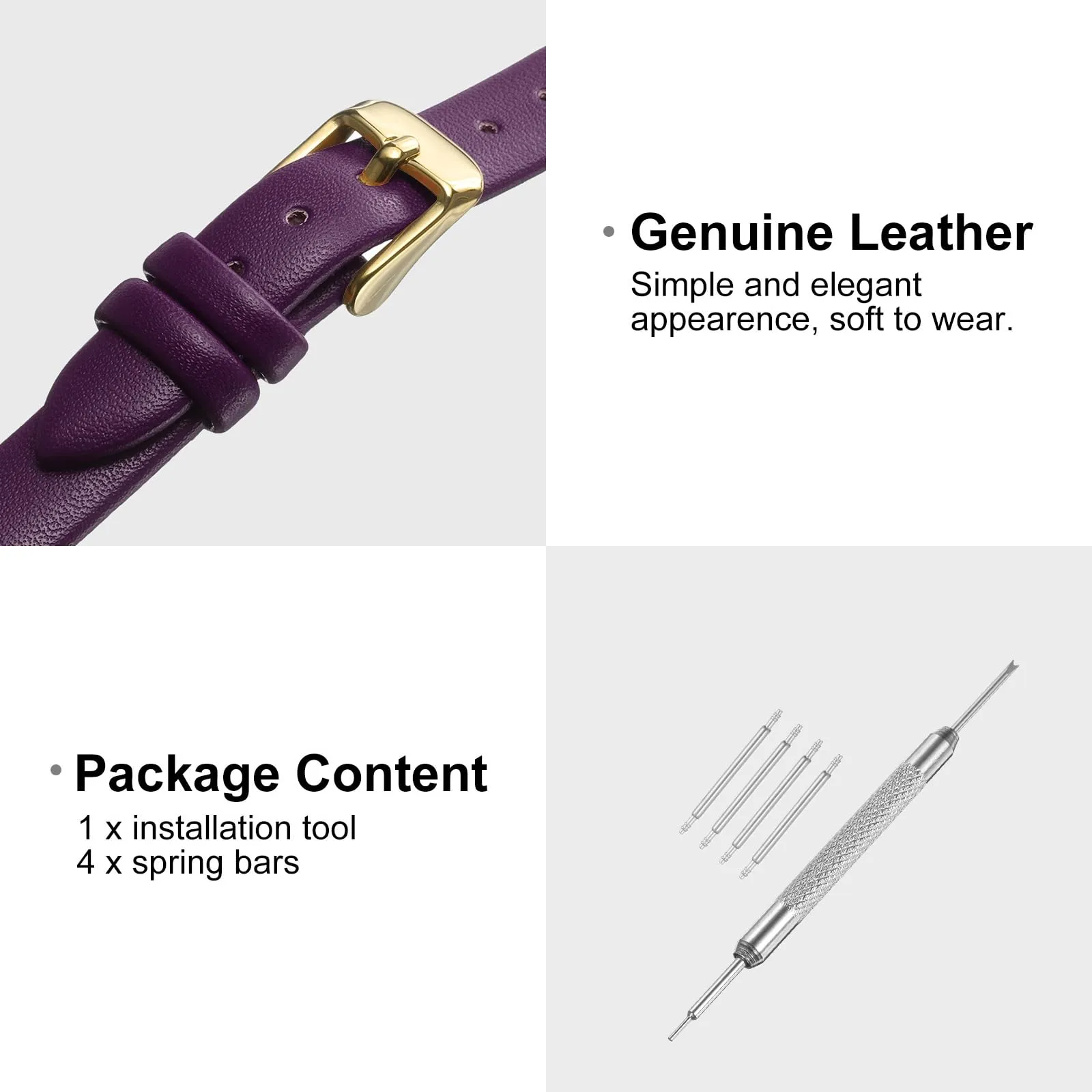 QUARKZMAN Cinturino Orologio in Vera Pelle 10mm, Fibbia Oro Dorato, Viola - immagine 3