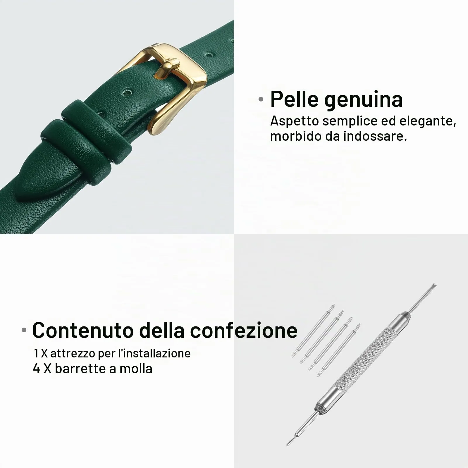QUARKZMAN Cinturino Orologio in Vero Pelle 10mm Verde con Fibbia Oro Dorato - immagine 3