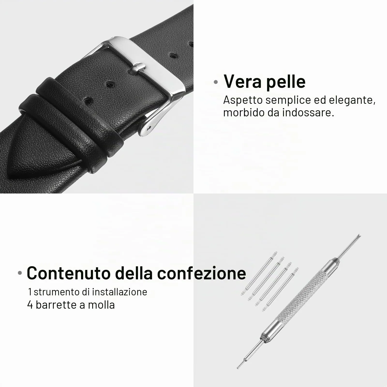 QUARKZMAN Cinturino Orologio in Vera Pelle 24mm, Nero con Fibbia Tono Argento - immagine 3