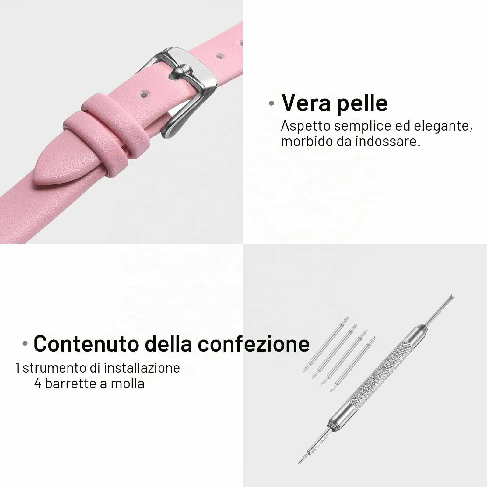 QUARKZMAN Cinturino Orologio in Vero Pelle 10mm Rosa con Fibbia Tono Argento - immagine 3