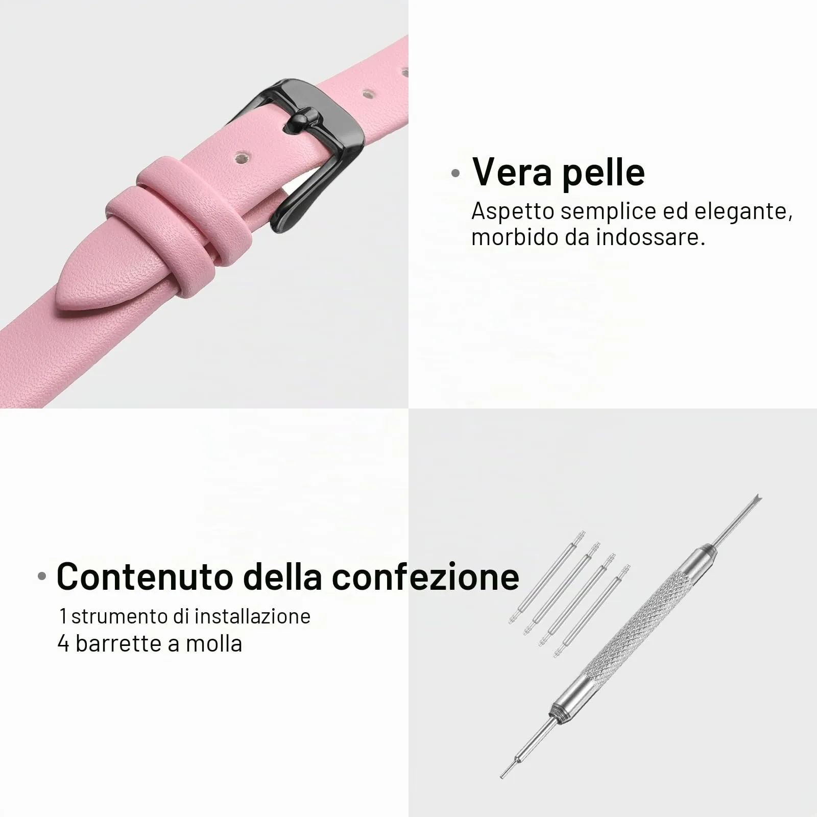 QUARKZMAN Cinturino Orologio in Vera Pelle 10mm Nero, Rosa - immagine 3