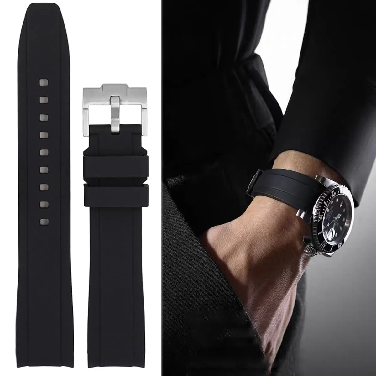 Niziruoup Cinturino in Silicone 20mm per Omega x Swatch Moonswatch Speedmaster, Rolex, SEIKO, Colore Nero - immagine 3