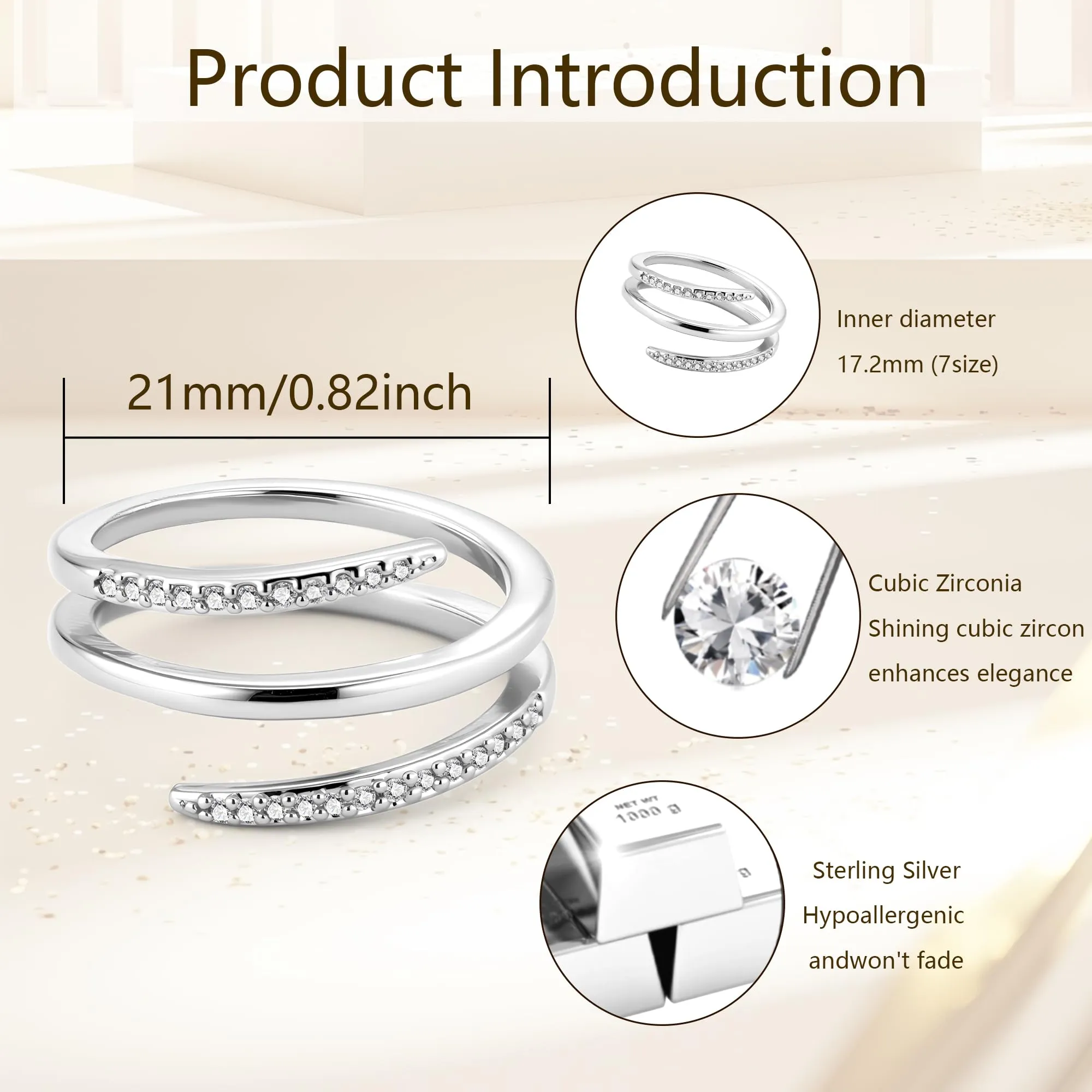 ALEXCRAFT Anello in Argento Aperto con Zirconi Regolabile a Spirale per Donna - immagine 6