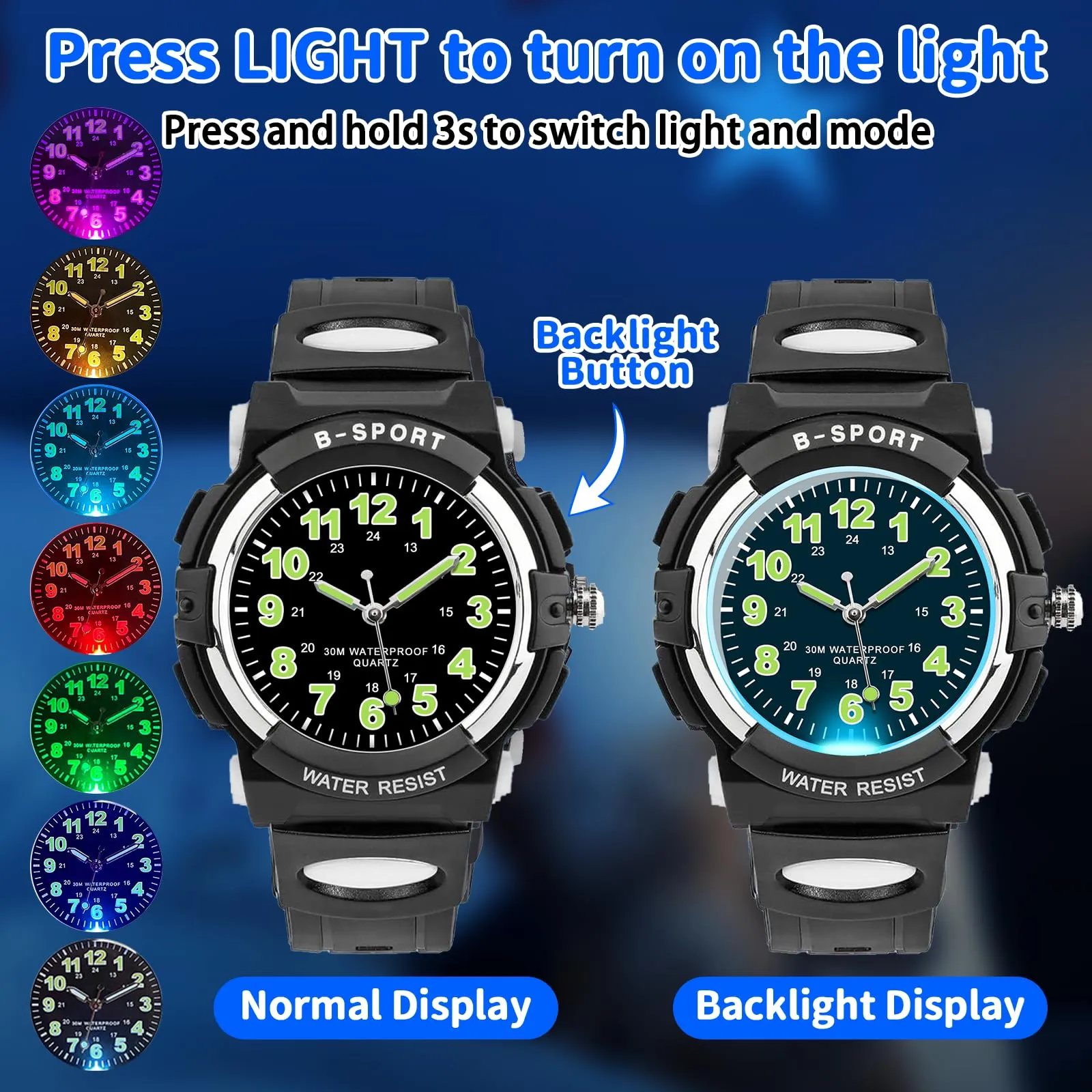 DTKID Orologio Bambini Analogico, Luci 7 Colori, Impermeabile 3 ATM - immagine 2